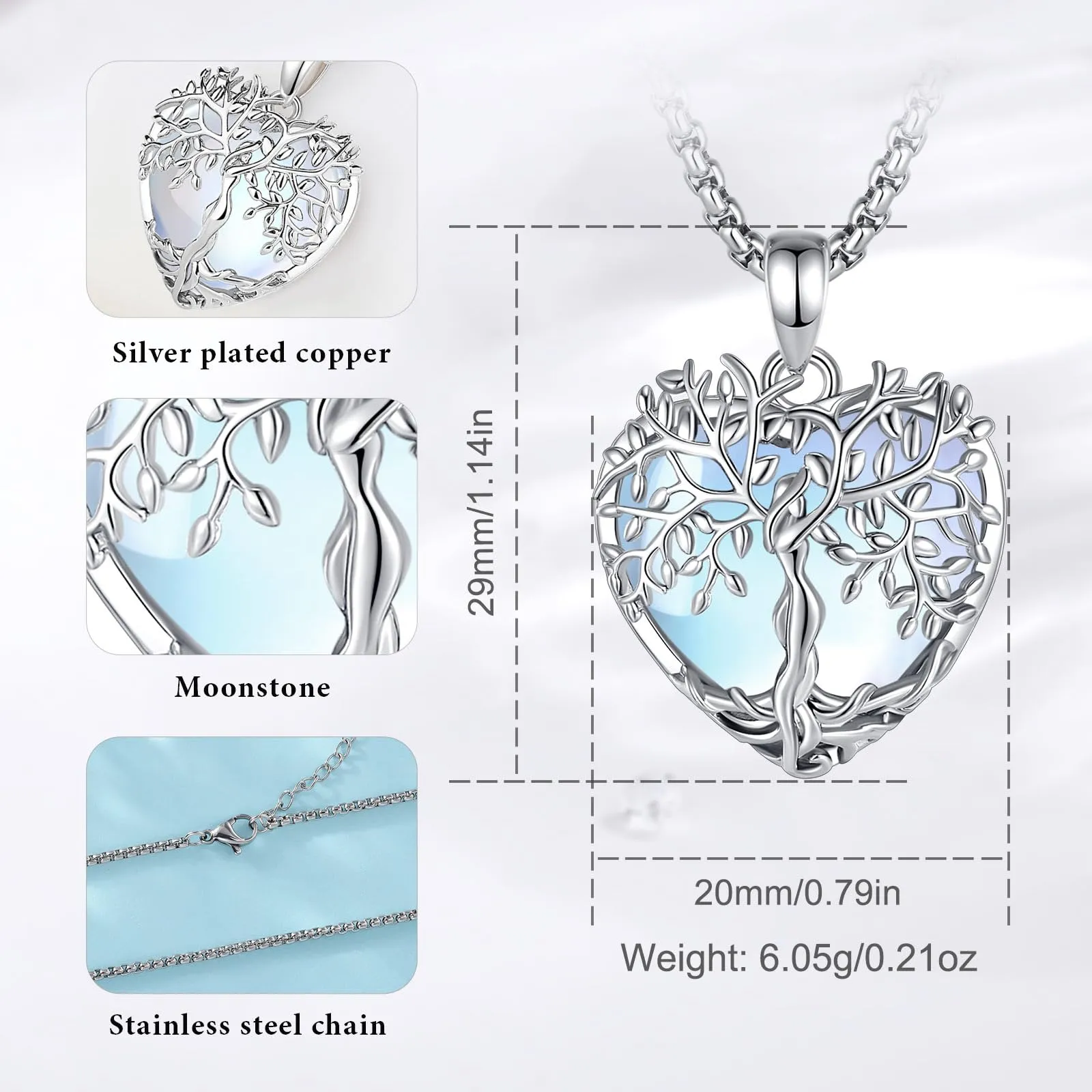 AEONSLOVE Collana Albero della Vita con Ciondolo Cuore in Pietra di Luna - immagine 7