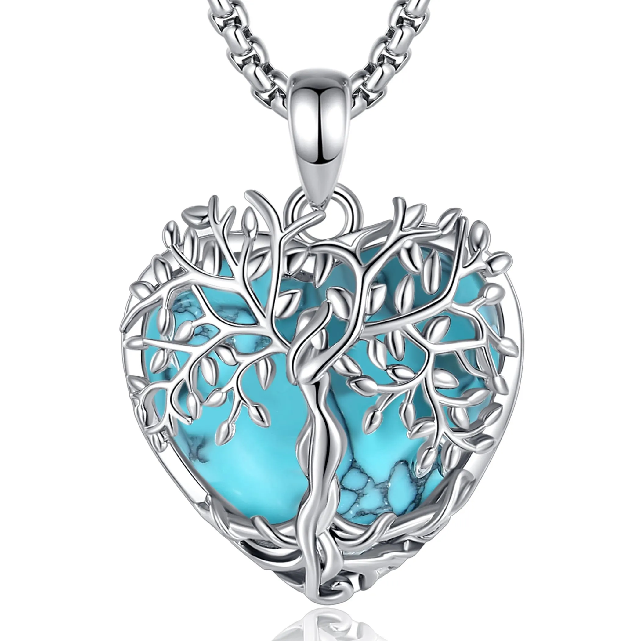 AEONSLOVE Collana Albero della Vita con Ciondolo in Turchese a Cuore e Rame Placcato Argento - immagine 1