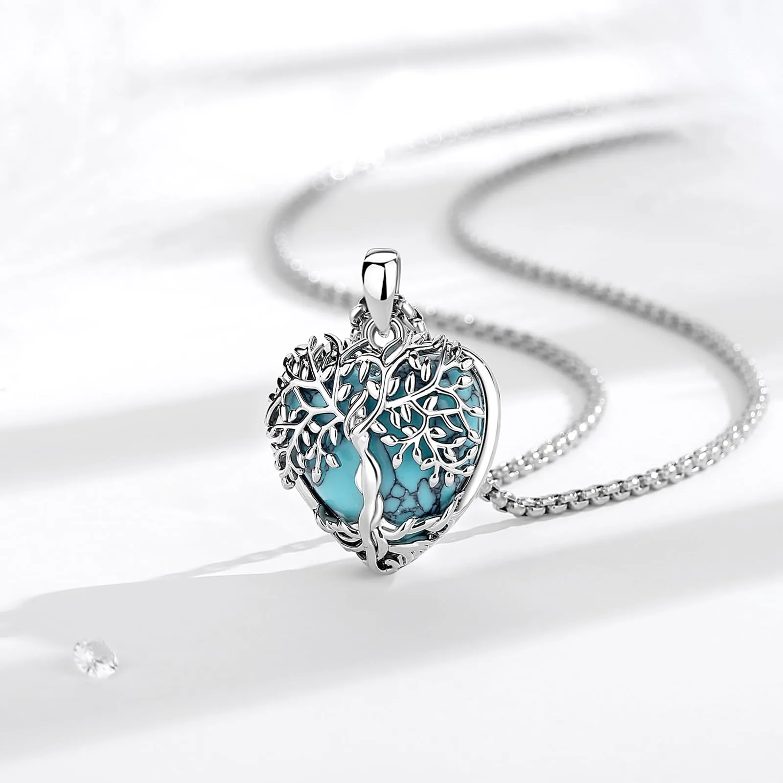 AEONSLOVE Collana Albero della Vita con Ciondolo in Turchese a Cuore e Rame Placcato Argento - immagine 2