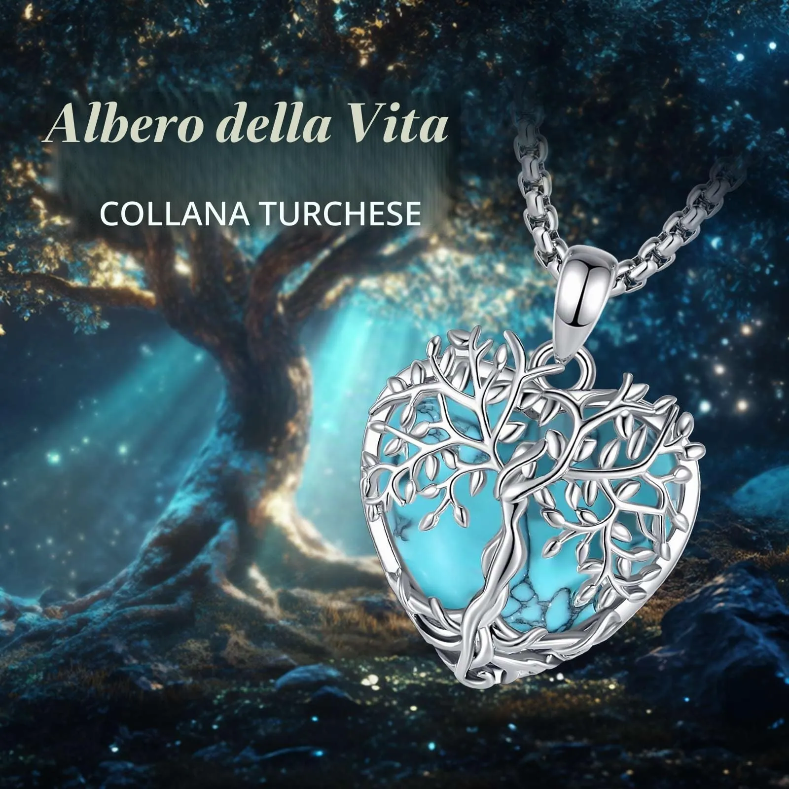 AEONSLOVE Collana Albero della Vita con Ciondolo in Turchese a Cuore e Rame Placcato Argento - immagine 4