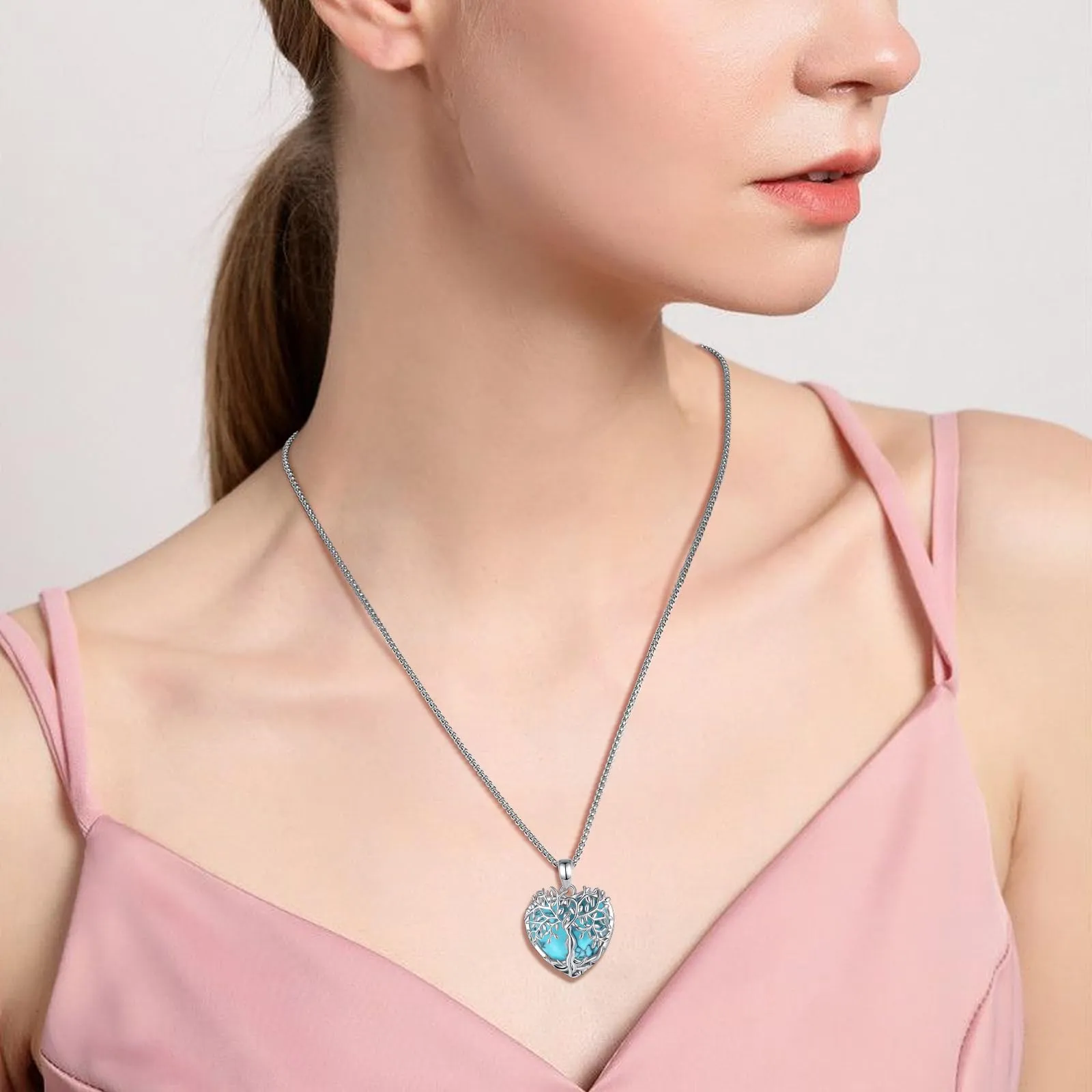 AEONSLOVE Collana Albero della Vita con Ciondolo in Turchese a Cuore e Rame Placcato Argento - immagine 5
