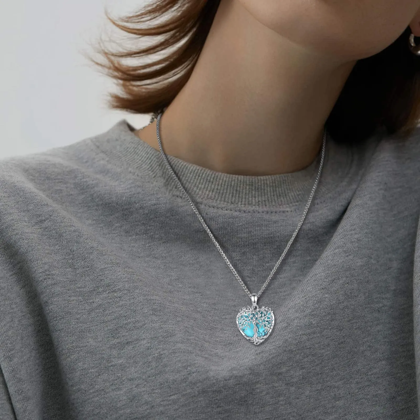 AEONSLOVE Collana Albero della Vita con Ciondolo in Turchese a Cuore e Rame Placcato Argento - immagine 6