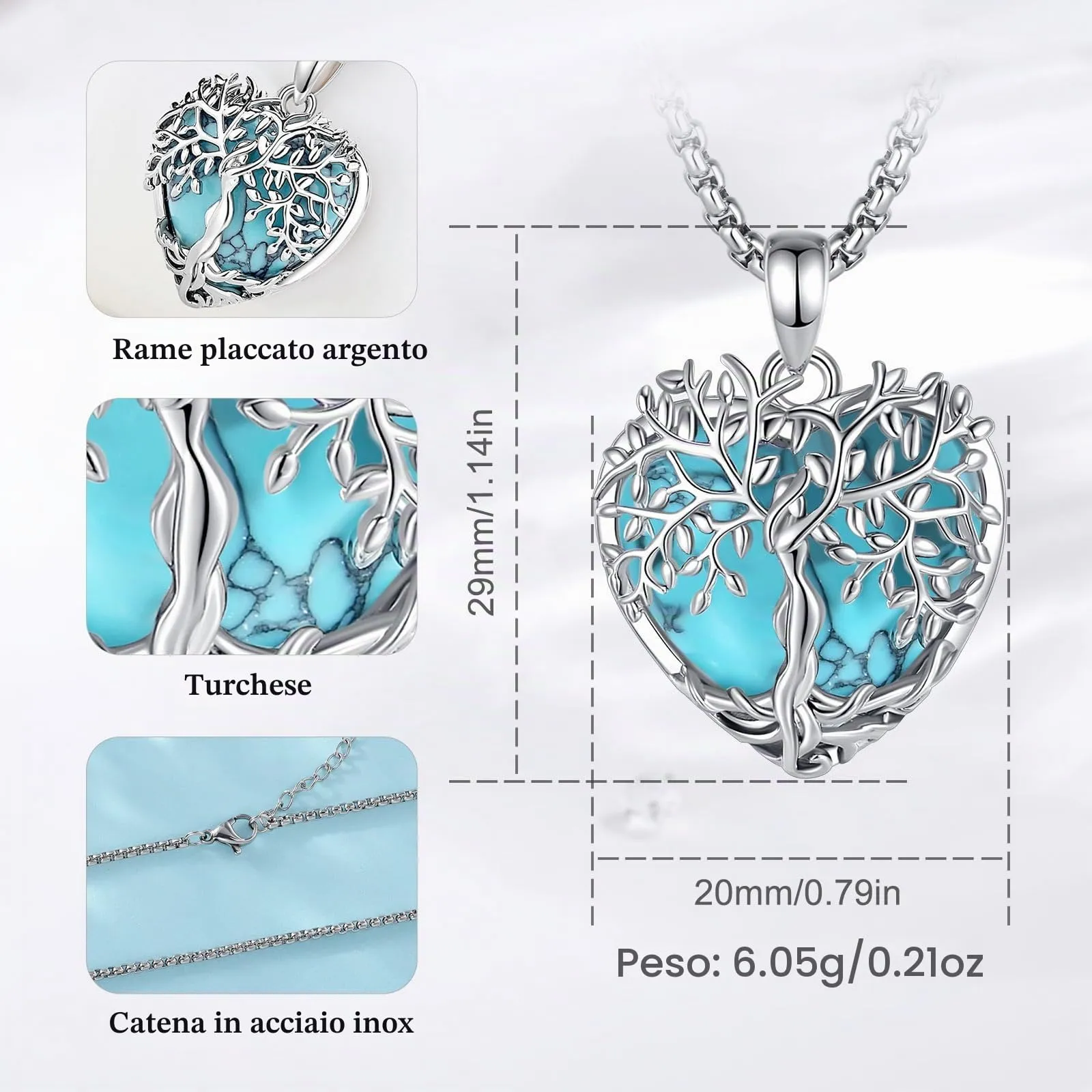 AEONSLOVE Collana Albero della Vita con Ciondolo in Turchese a Cuore e Rame Placcato Argento - immagine 7