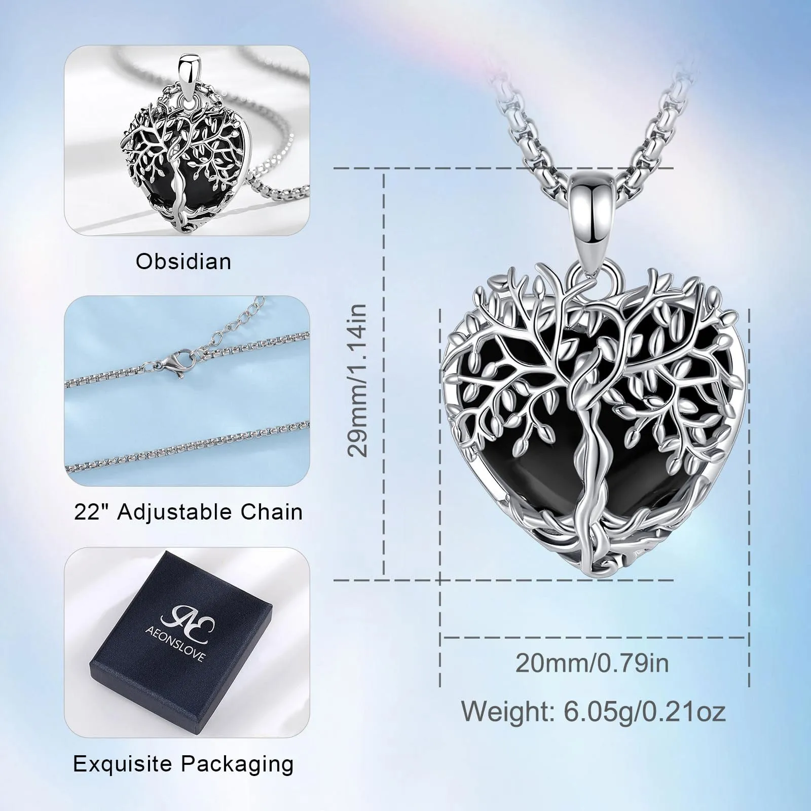 AEONSLOVE Collana Albero della Vita con Ciondolo Cuore in Ossidiana Nera - immagine 7