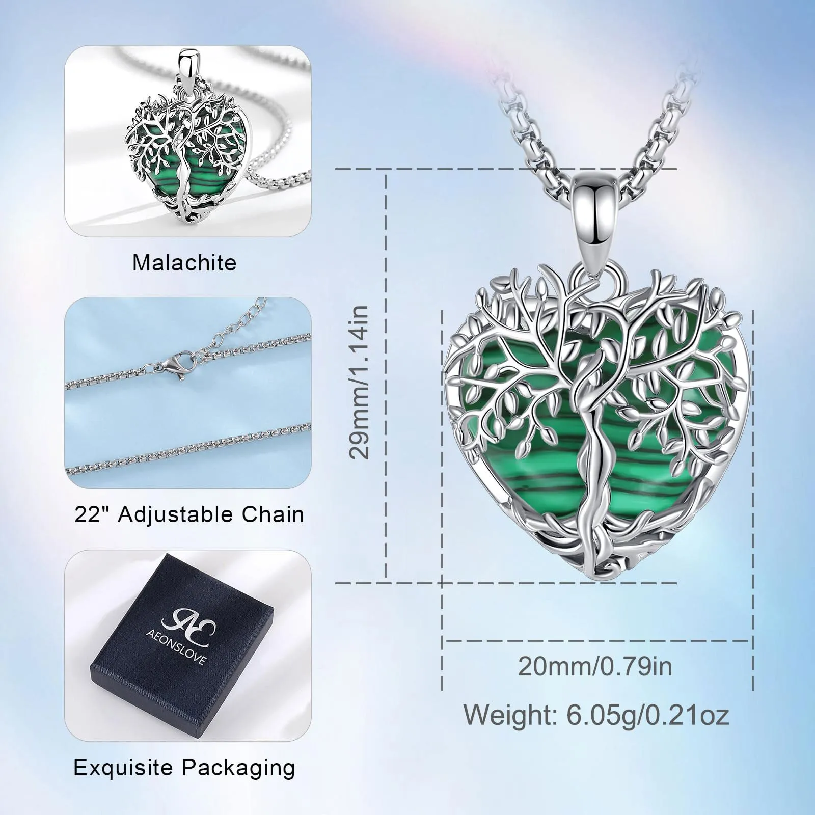 AEONSLOVE Collana Albero della Vita con Ciondolo Cuore in Malachite Naturale - immagine 7