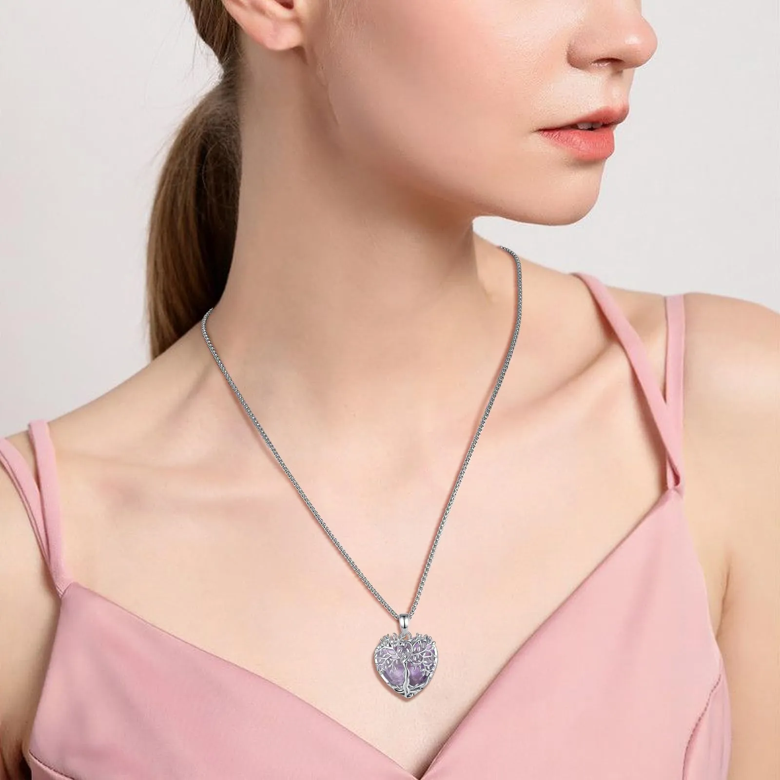 AEONSLOVE Collana Albero della Vita con Ciondolo Cuore in Ametista Naturale - immagine 5