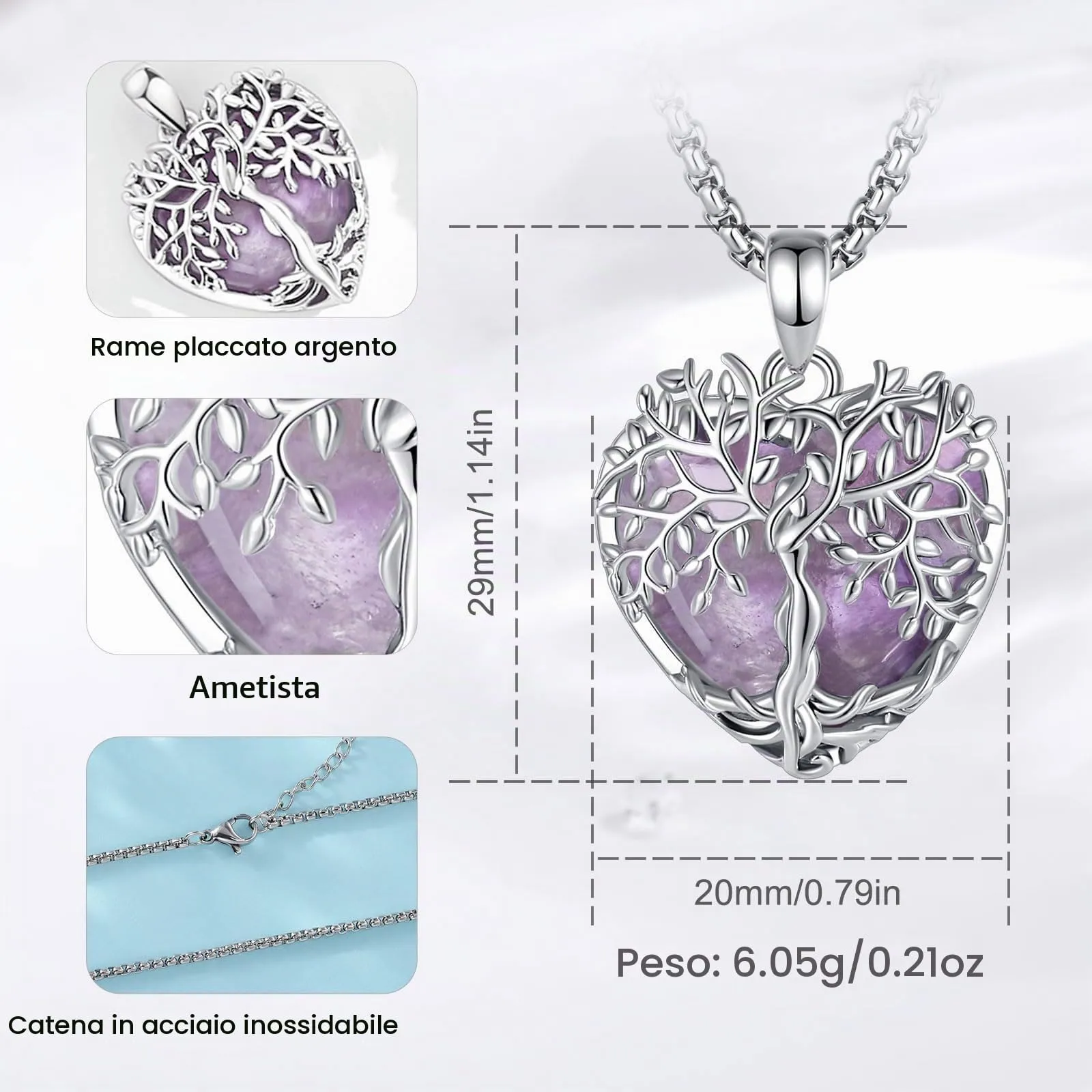 AEONSLOVE Collana Albero della Vita con Ciondolo Cuore in Ametista Naturale - immagine 7