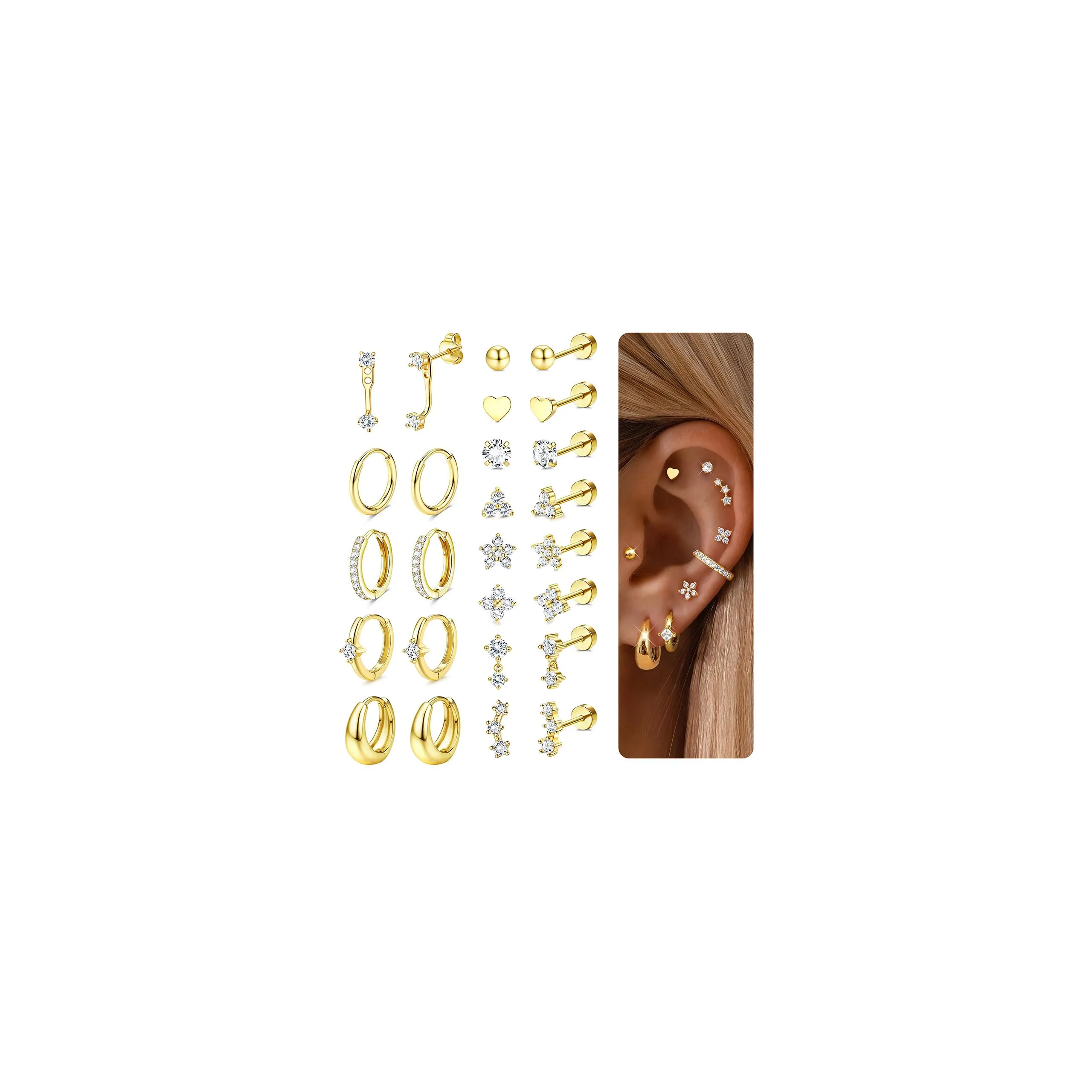 CASSIECA Set 13 Paia Orecchini in Acciaio Chirurgico 316L Placcati Oro 14K Anallergici per Piercing Orecchio e Cartilagine - immagine 1