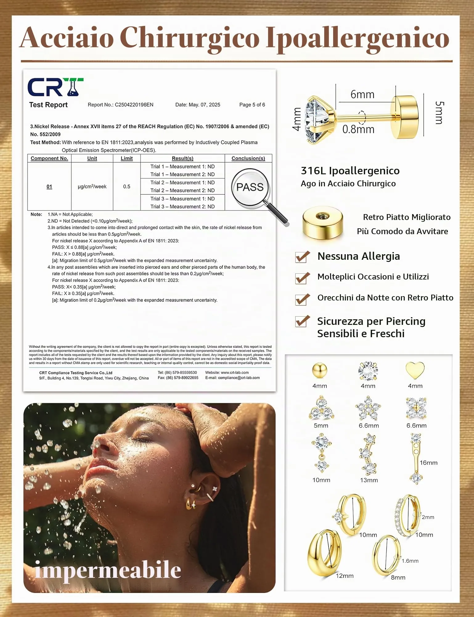 CASSIECA Set 13 Paia Orecchini in Acciaio Chirurgico 316L Placcati Oro 14K Anallergici per Piercing Orecchio e Cartilagine - immagine 2