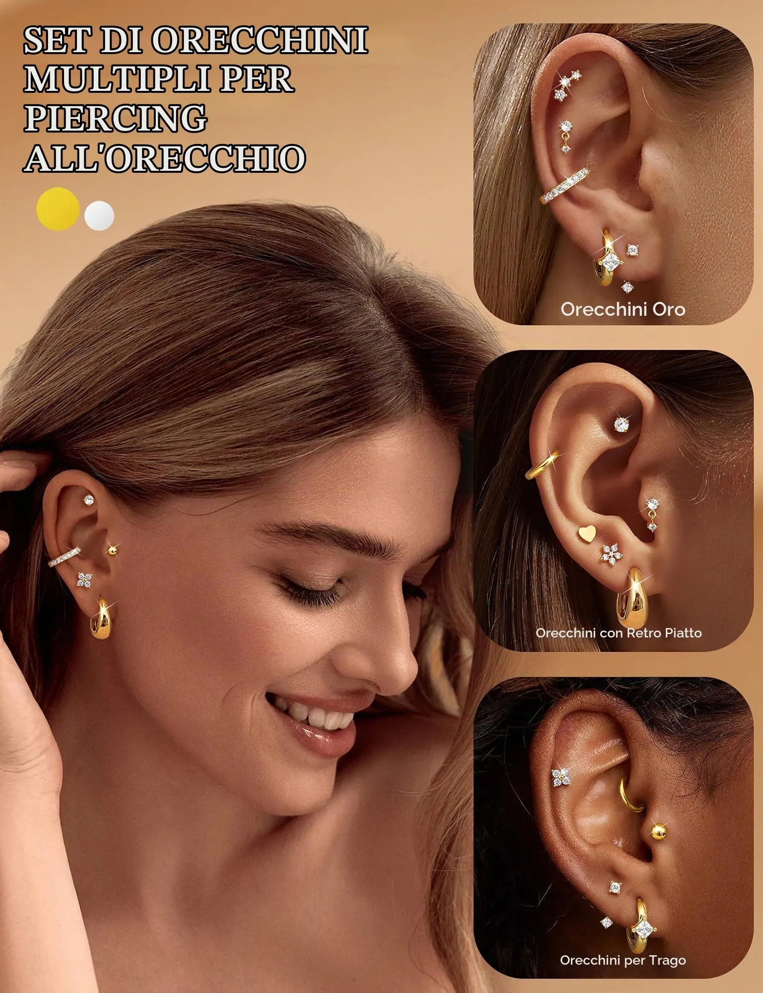 CASSIECA Set 13 Paia Orecchini in Acciaio Chirurgico 316L Placcati Oro 14K Anallergici per Piercing Orecchio e Cartilagine - immagine 5