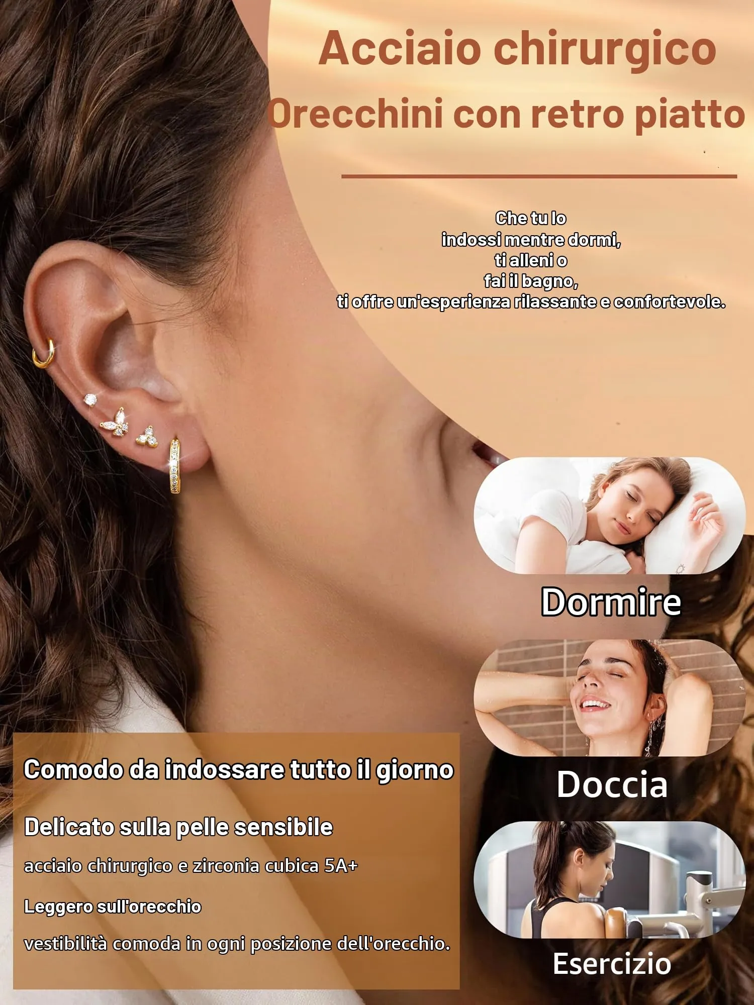 CASSIECA Set 13 Paia Orecchini in Acciaio Chirurgico 316L Placcati Oro 14K Anallergici per Piercing Orecchio e Cartilagine - immagine 7