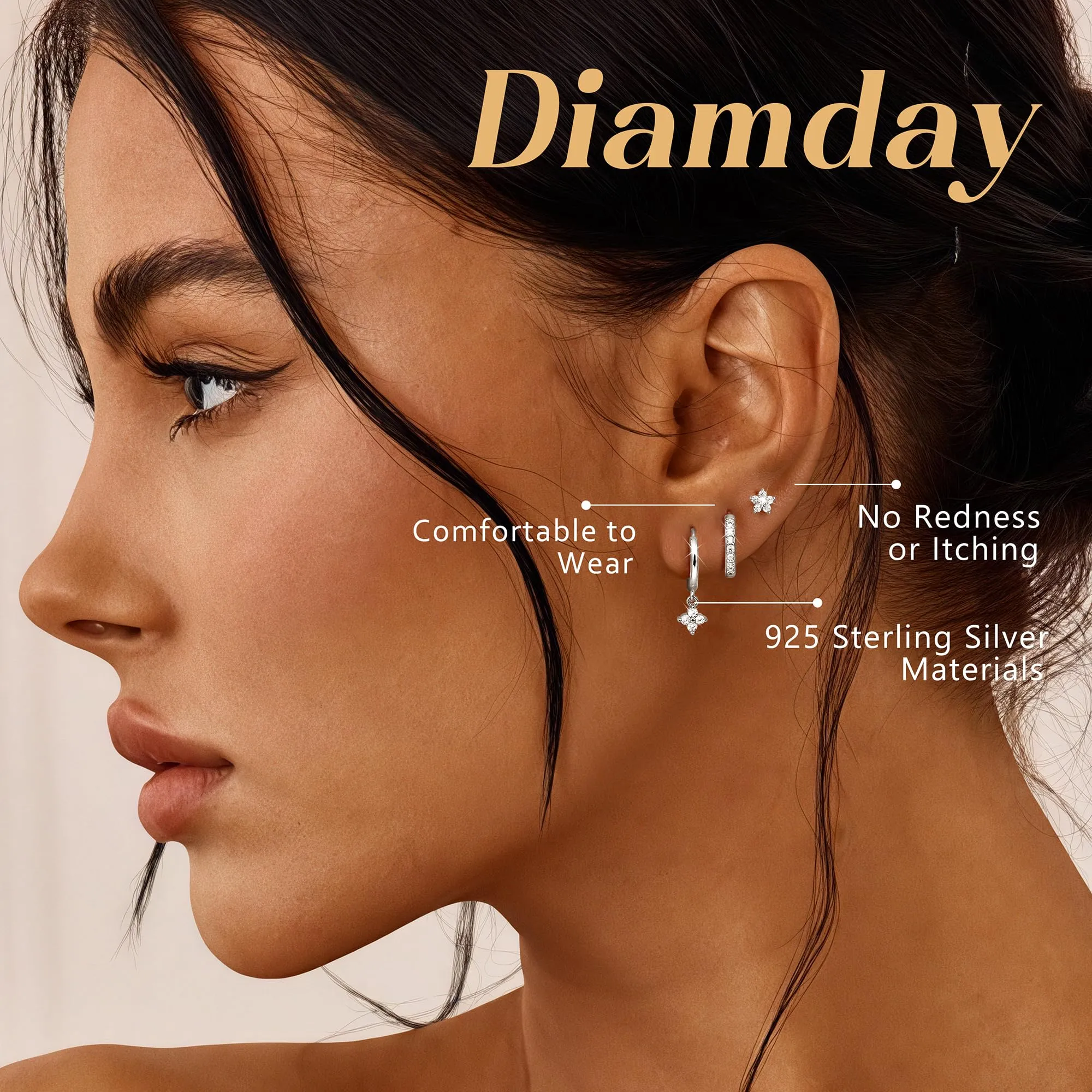 Diamday Set 3 Paia Orecchini Donna Argento 925, Cerchio e Perno con Zirconi, Piercing Helix Trago Cartilagine, 10 mm - immagine 3