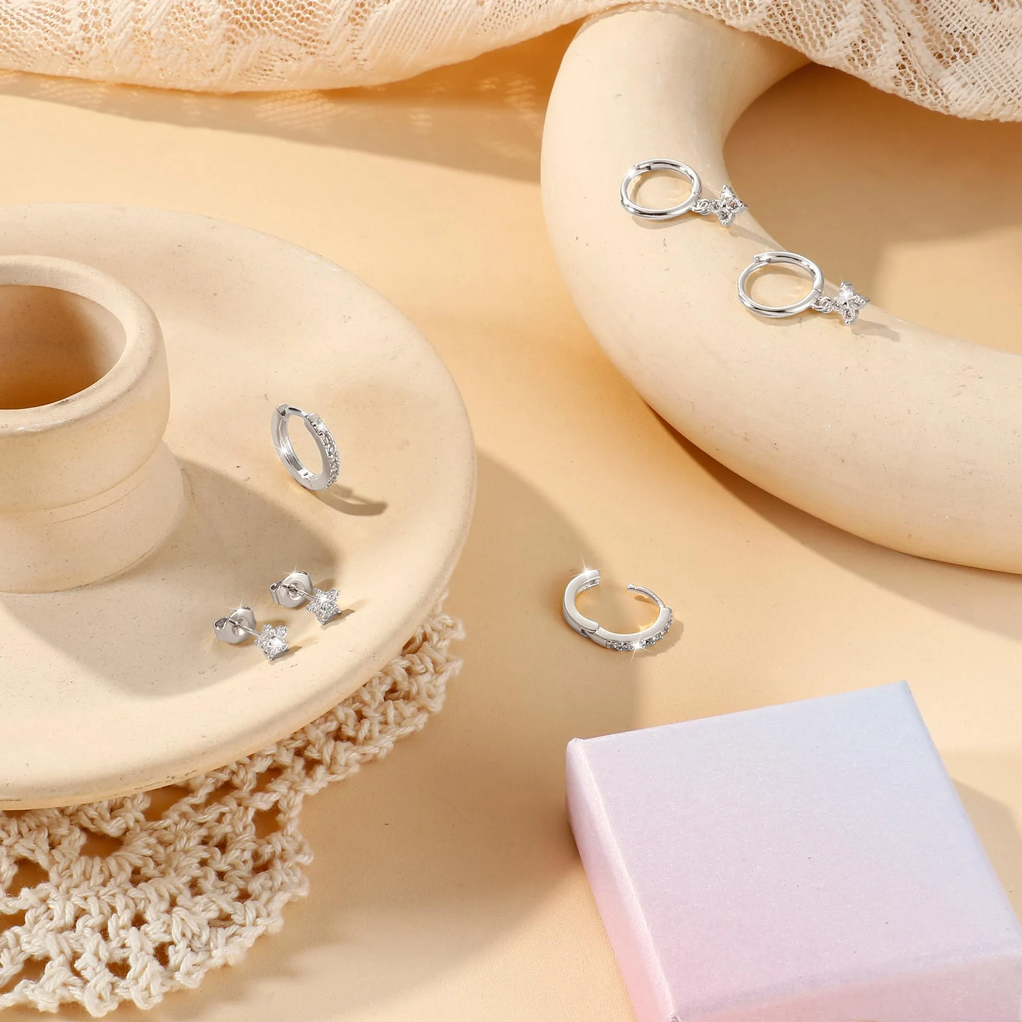 Diamday Set 3 Paia Orecchini Donna Argento 925, Cerchio e Perno con Zirconi, Piercing Helix Trago Cartilagine, 10 mm - immagine 6