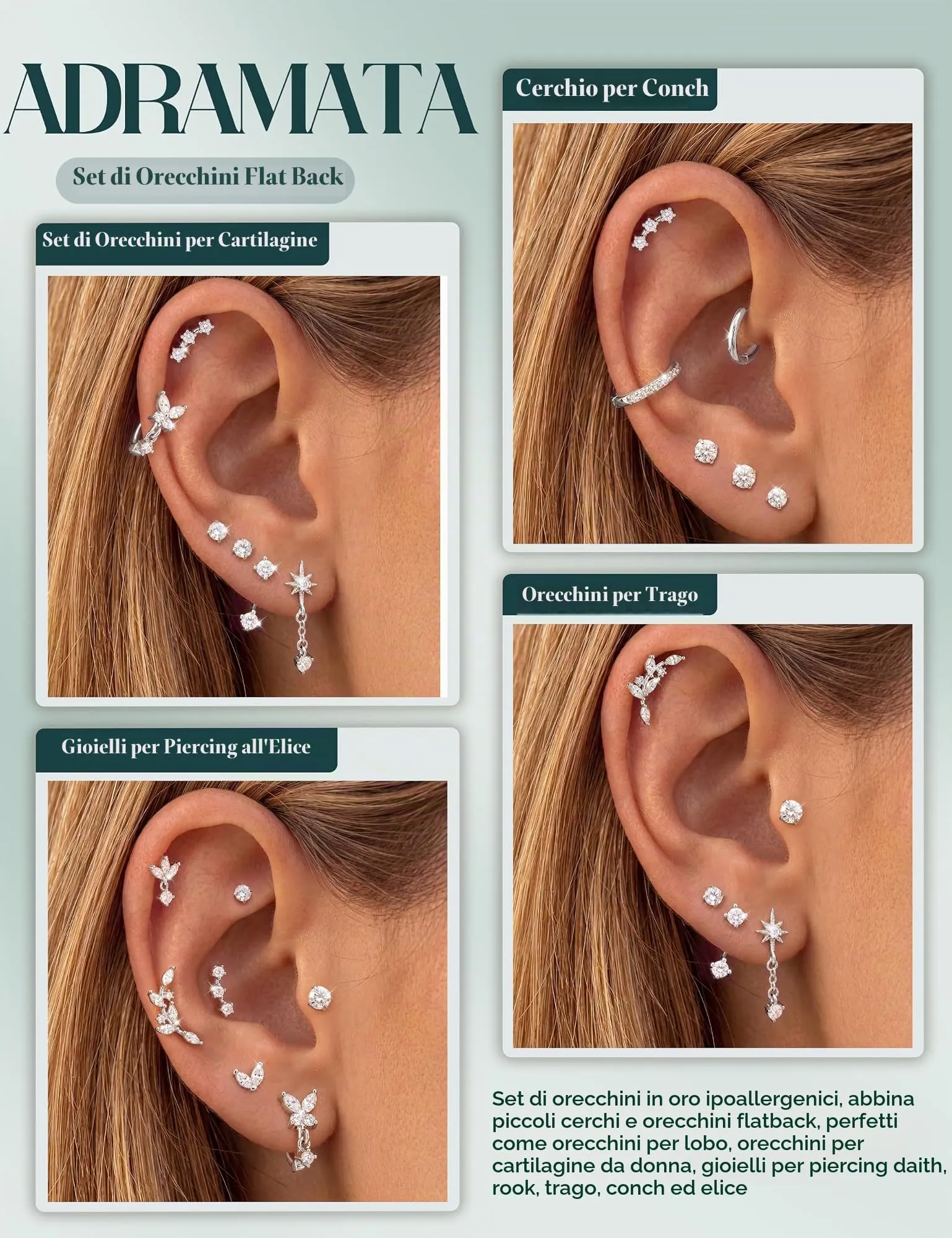Adramata Orecchini Donna in Acciaio Inossidabile Placcato Oro 14K - immagine 3