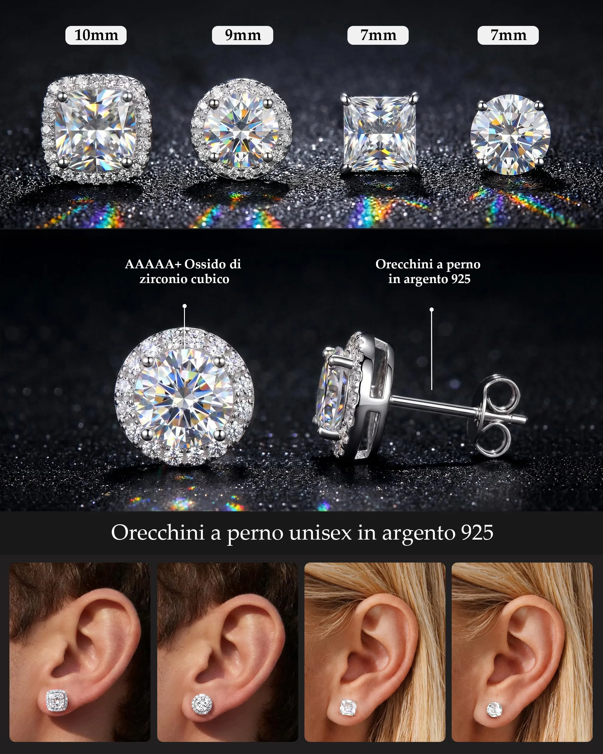Ahokei Set 4 Paia Orecchini Unisex in Argento 925 con Zirconi Cubici Rotondi e Quadrati - immagine 2
