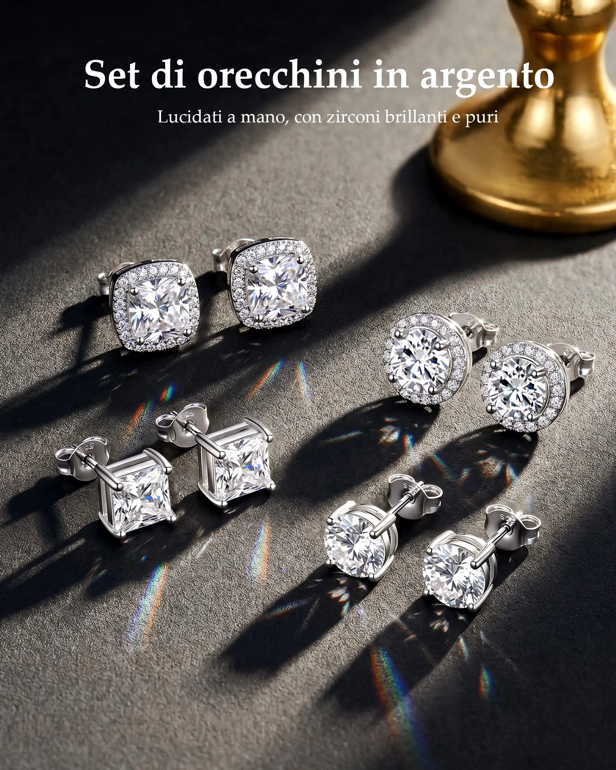 Ahokei Set 4 Paia Orecchini Unisex in Argento 925 con Zirconi Cubici Rotondi e Quadrati - immagine 6