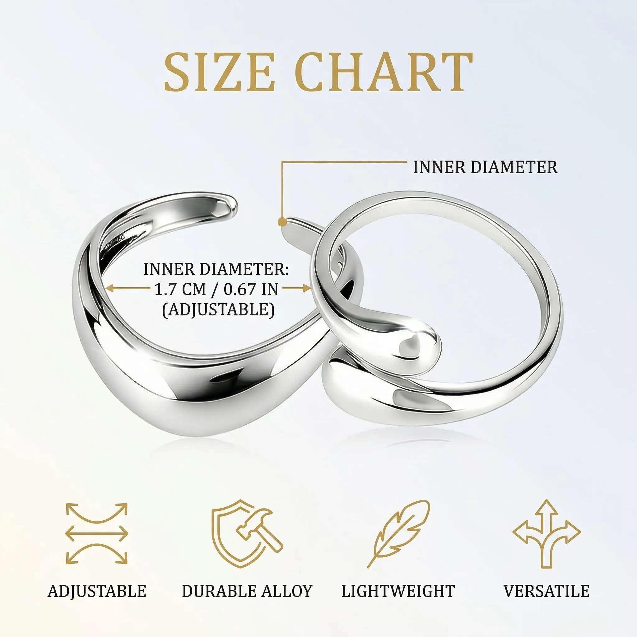 FCPEAG Set di 4 Anelli Regolabili in Acciaio Inossidabile Argento e Oro, Forma a Goccia e Chunky per Donna e Uomo - immagine 5