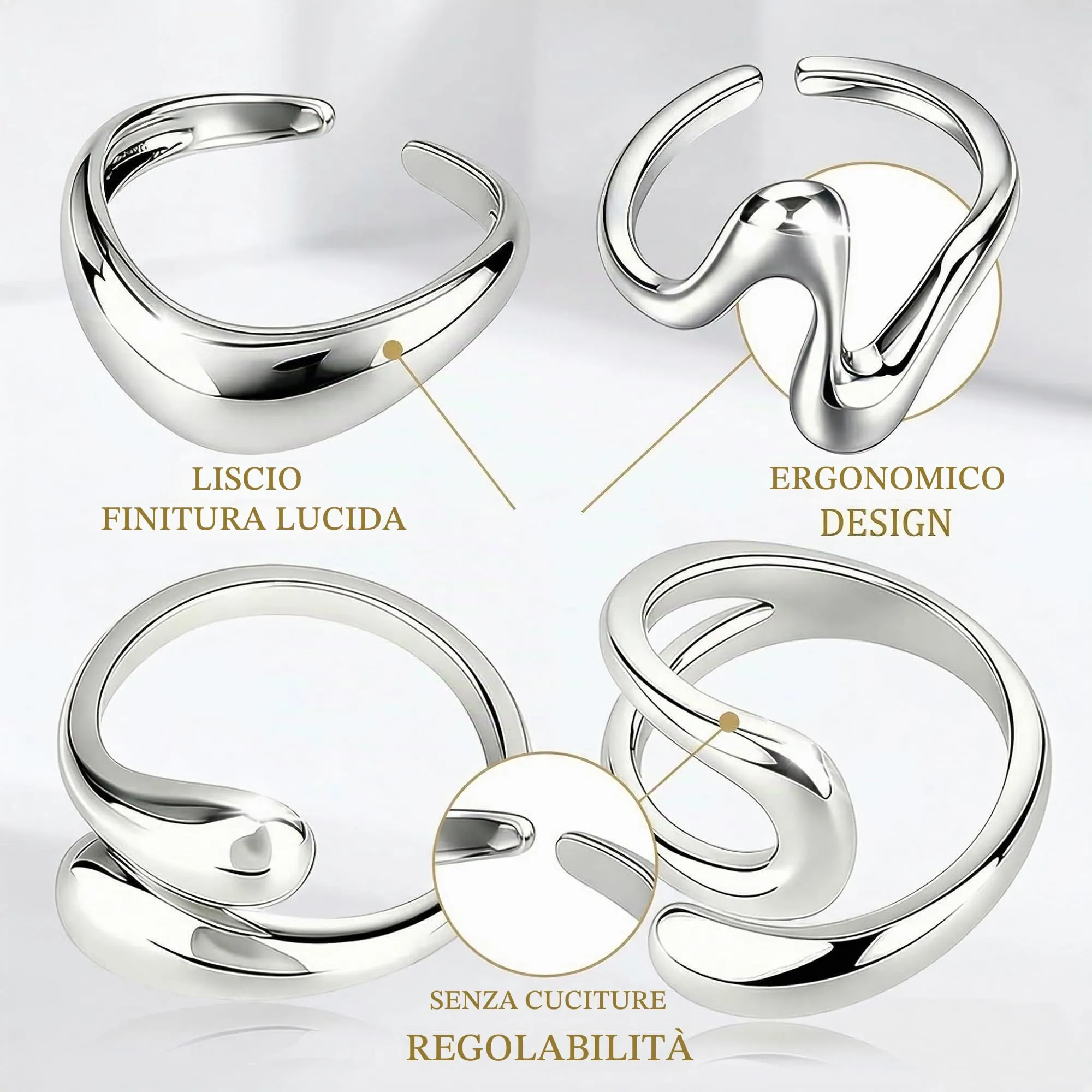 FCPEAG Set di 4 Anelli Regolabili in Acciaio Inossidabile Argento e Oro, Forma a Goccia e Chunky per Donna e Uomo - immagine 6