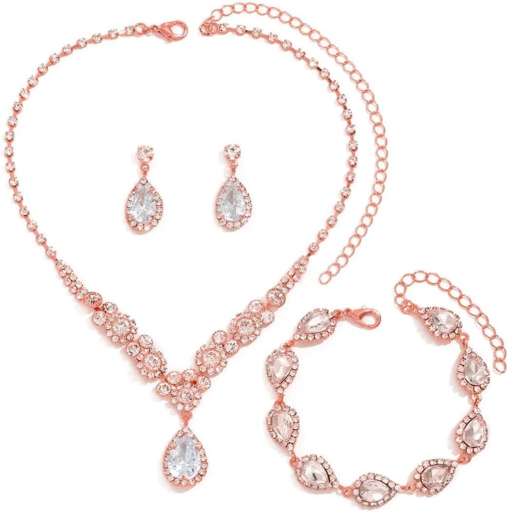 FDEETY Set di Gioielli da Sposa in Zircone con Collana, Orecchini e Braccialetto (Oro Rosa) - immagine 1
