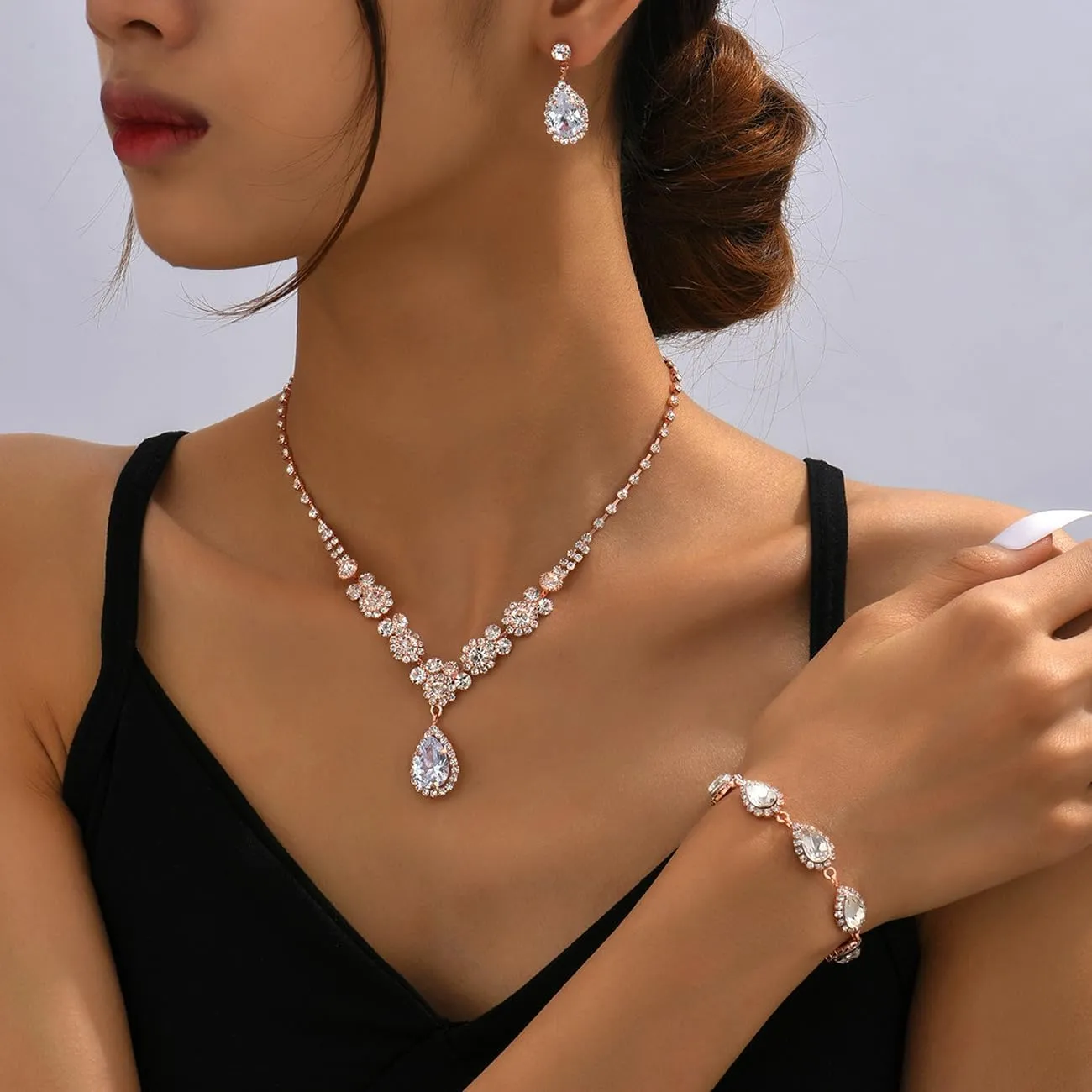 FDEETY Set di Gioielli da Sposa in Zircone con Collana, Orecchini e Braccialetto (Oro Rosa) - immagine 2
