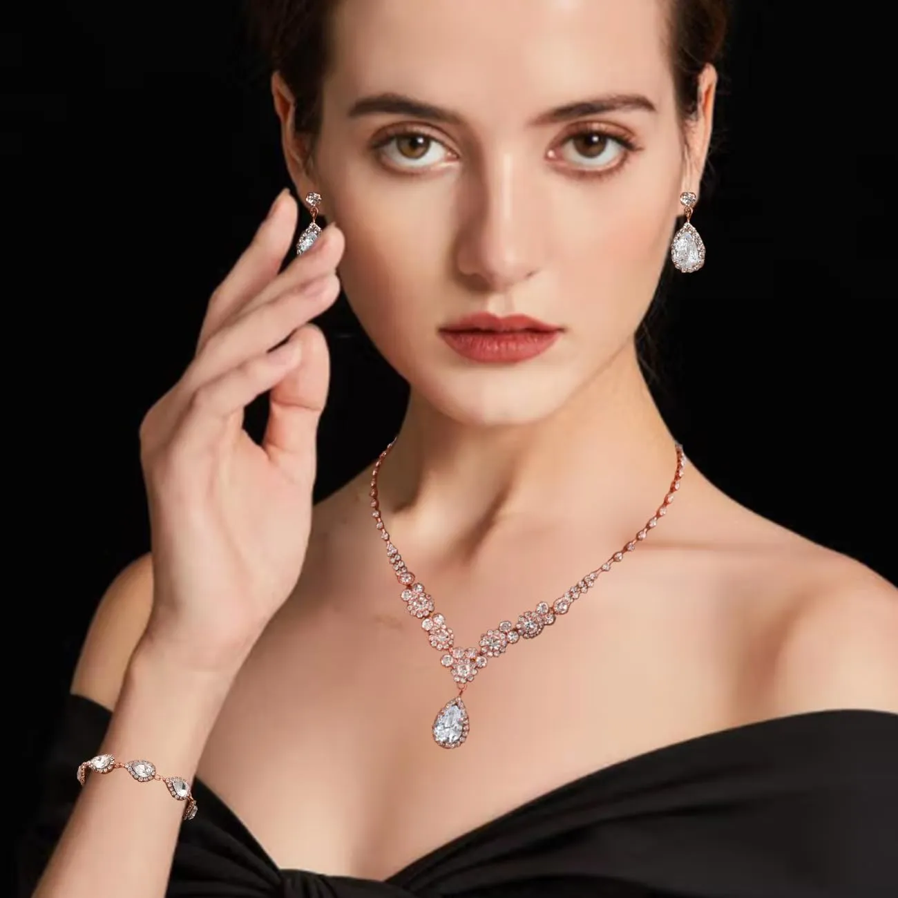 FDEETY Set di Gioielli da Sposa in Zircone con Collana, Orecchini e Braccialetto (Oro Rosa) - immagine 5