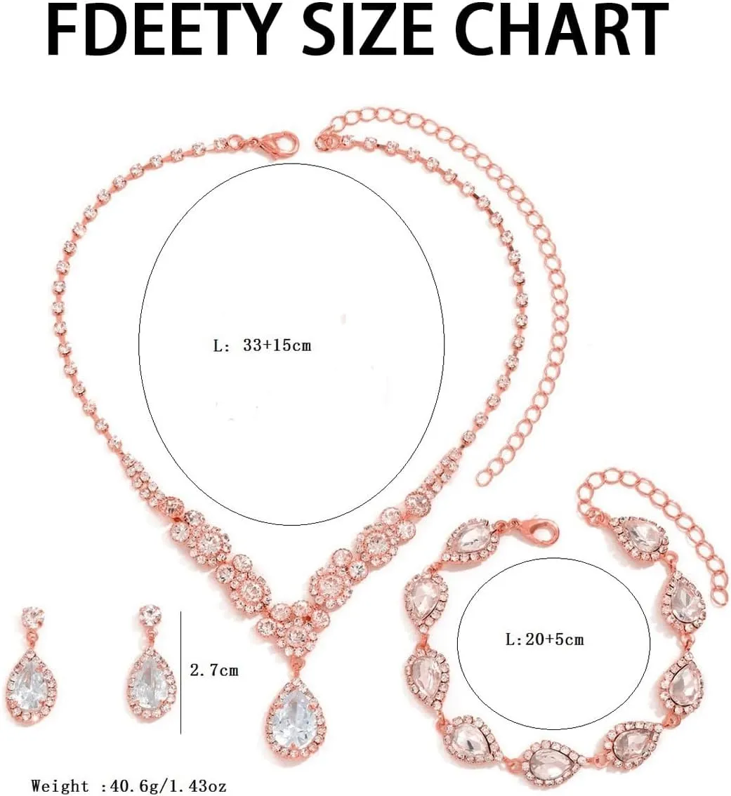 FDEETY Set di Gioielli da Sposa in Zircone con Collana, Orecchini e Braccialetto (Oro Rosa) - immagine 6