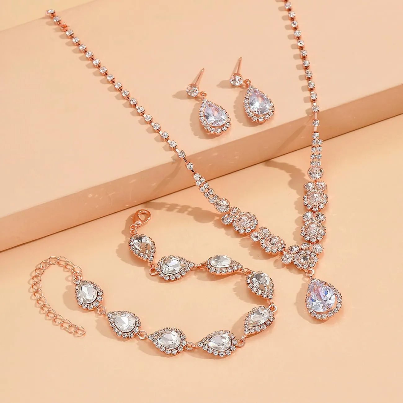 FDEETY Set di Gioielli da Sposa in Zircone con Collana, Orecchini e Braccialetto (Oro Rosa) - immagine 7