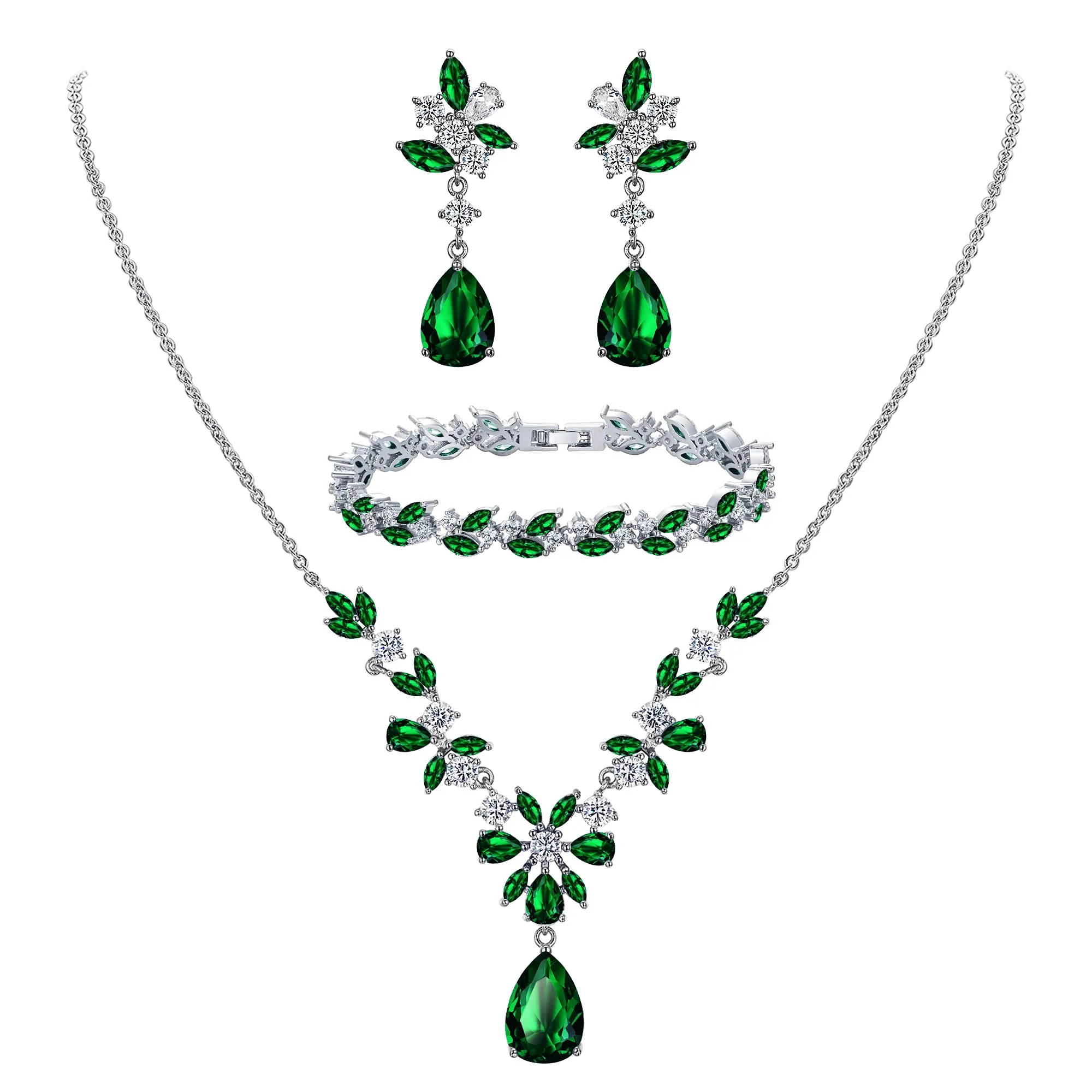 Clearine Set di Gioielli in Zirconia Cubica con Collana a Goccia, Bracciale Tennis e Orecchini a Foglia per Donne - immagine 1