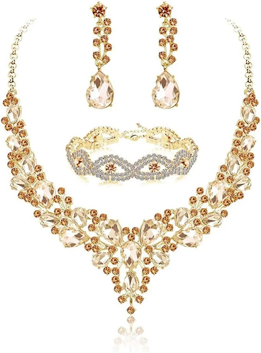 TOEECY Set Gioielli Donna in Cristallo Champagne con Collana, Bracciale e Orecchini - immagine 1