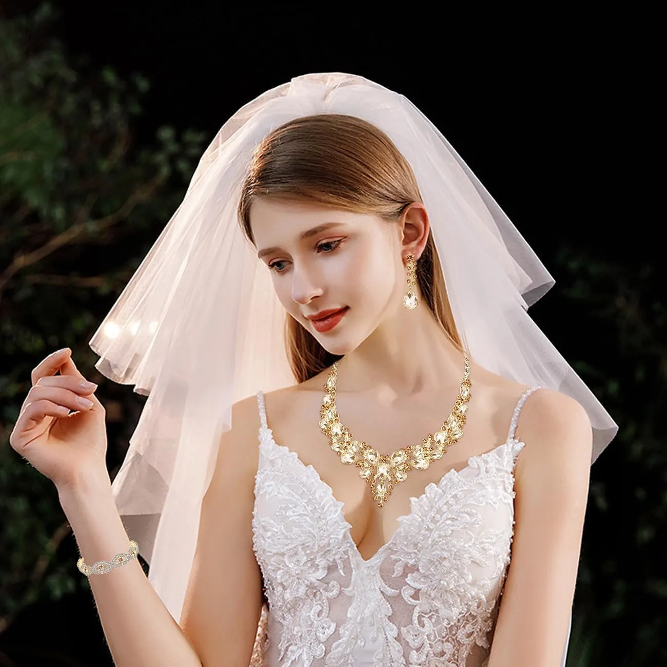 TOEECY Set Gioielli Donna in Cristallo Champagne con Collana, Bracciale e Orecchini - immagine 6