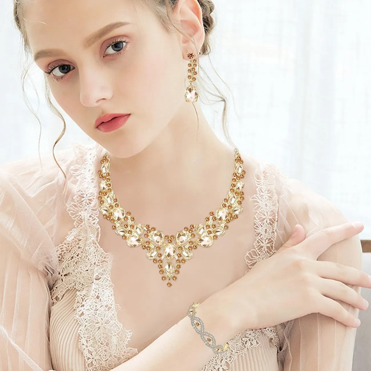 TOEECY Set Gioielli Donna in Cristallo Champagne con Collana, Bracciale e Orecchini - immagine 7