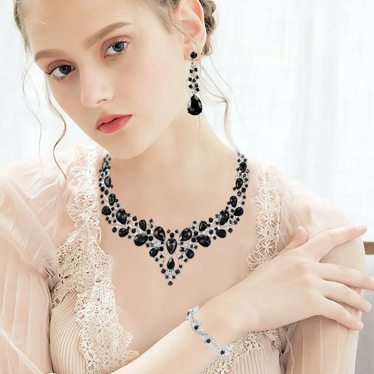 TOEECY Set Gioielli Donna Cristallo Champagne con Collana, Bracciale e Orecchini - immagine 7