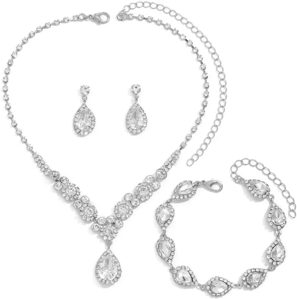 FDEETY Set di Gioielli da Sposa in Zircone con Collana, Orecchini e Braccialetto (Argento) - immagine 1