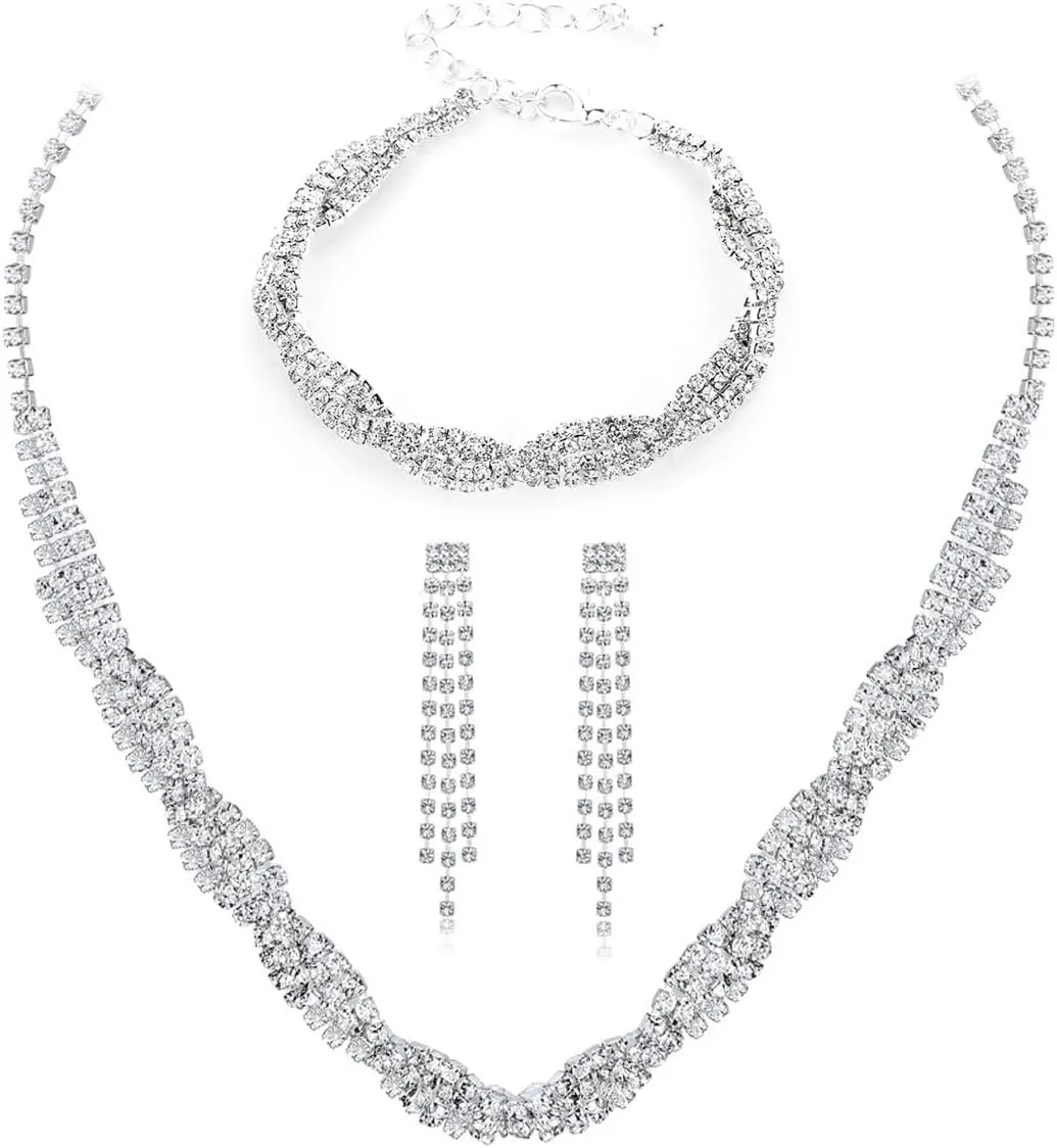 FDEETY Set di Gioielli da Sposa in Zircone con Collana, Orecchini e Braccialetto - Argento-1 - immagine 1