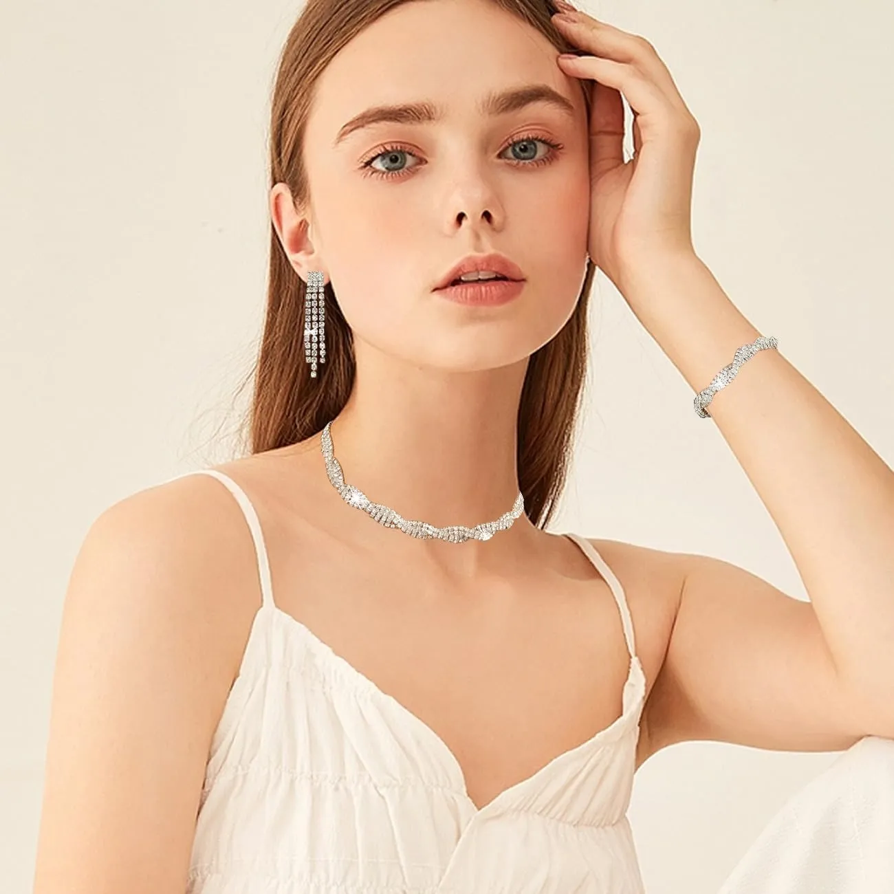 FDEETY Set di Gioielli da Sposa in Zircone con Collana, Orecchini e Braccialetto - Argento-1 - immagine 4