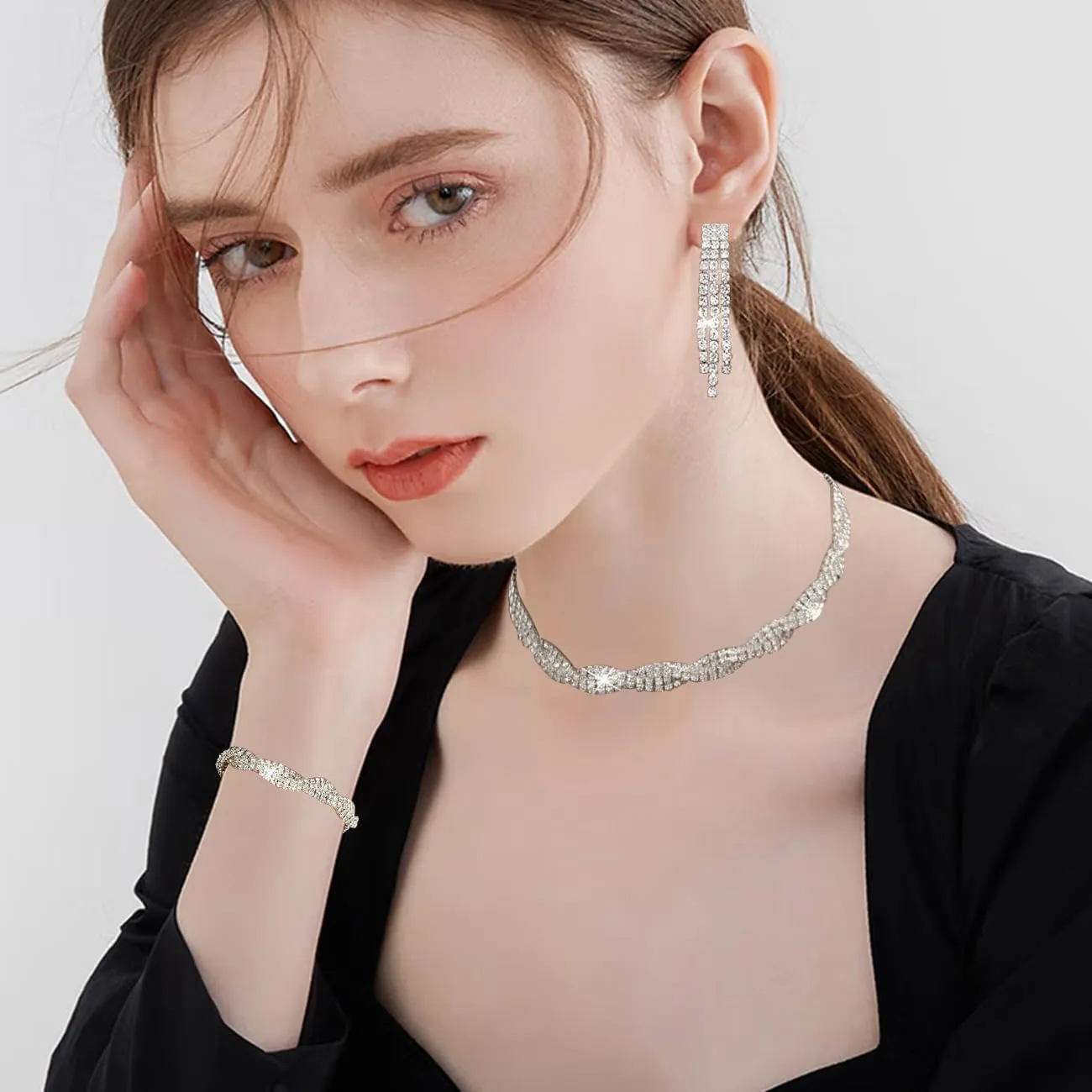 FDEETY Set di Gioielli da Sposa in Zircone con Collana, Orecchini e Braccialetto - Argento-1 - immagine 5