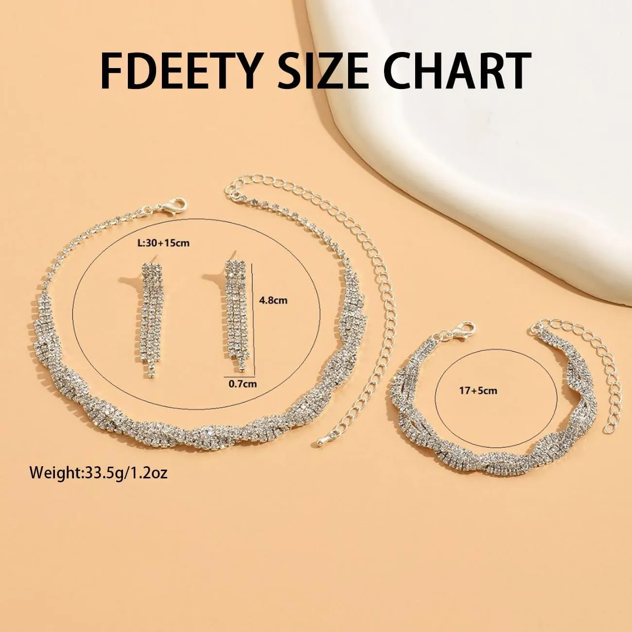 FDEETY Set di Gioielli da Sposa in Zircone con Collana, Orecchini e Braccialetto - Argento-1 - immagine 6
