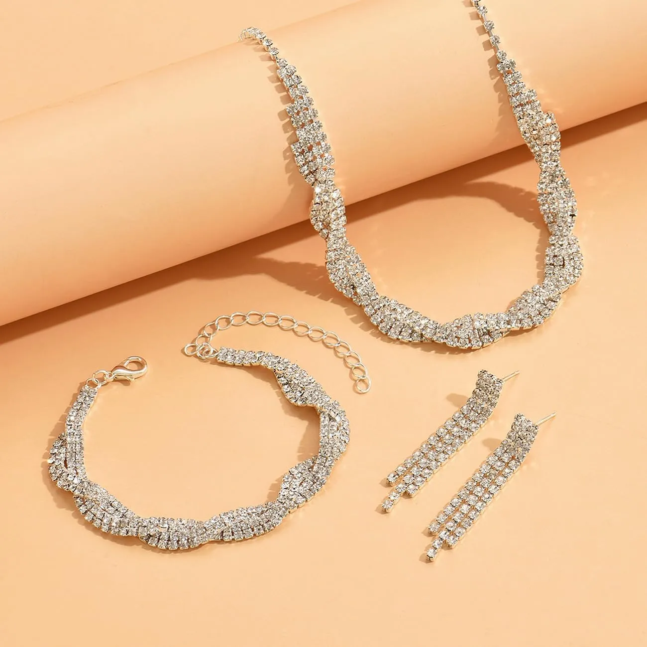 FDEETY Set di Gioielli da Sposa in Zircone con Collana, Orecchini e Braccialetto - Argento-1 - immagine 7