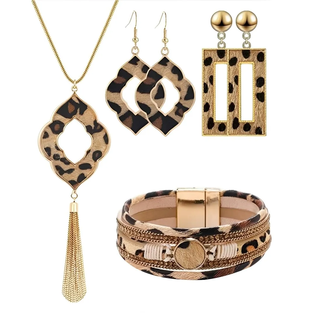 Bcenoilua Set di Gioielli Bohémien Leopardo con Collana Lunga, Braccialetto in Pelle Multistrato e Orecchini Pendenti, Oro-A - immagine 1
