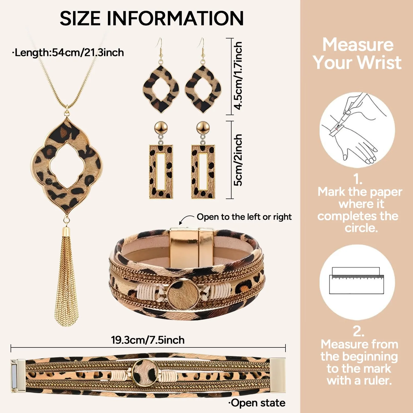 Bcenoilua Set di Gioielli Bohémien Leopardo con Collana Lunga, Braccialetto in Pelle Multistrato e Orecchini Pendenti, Oro-A - immagine 2