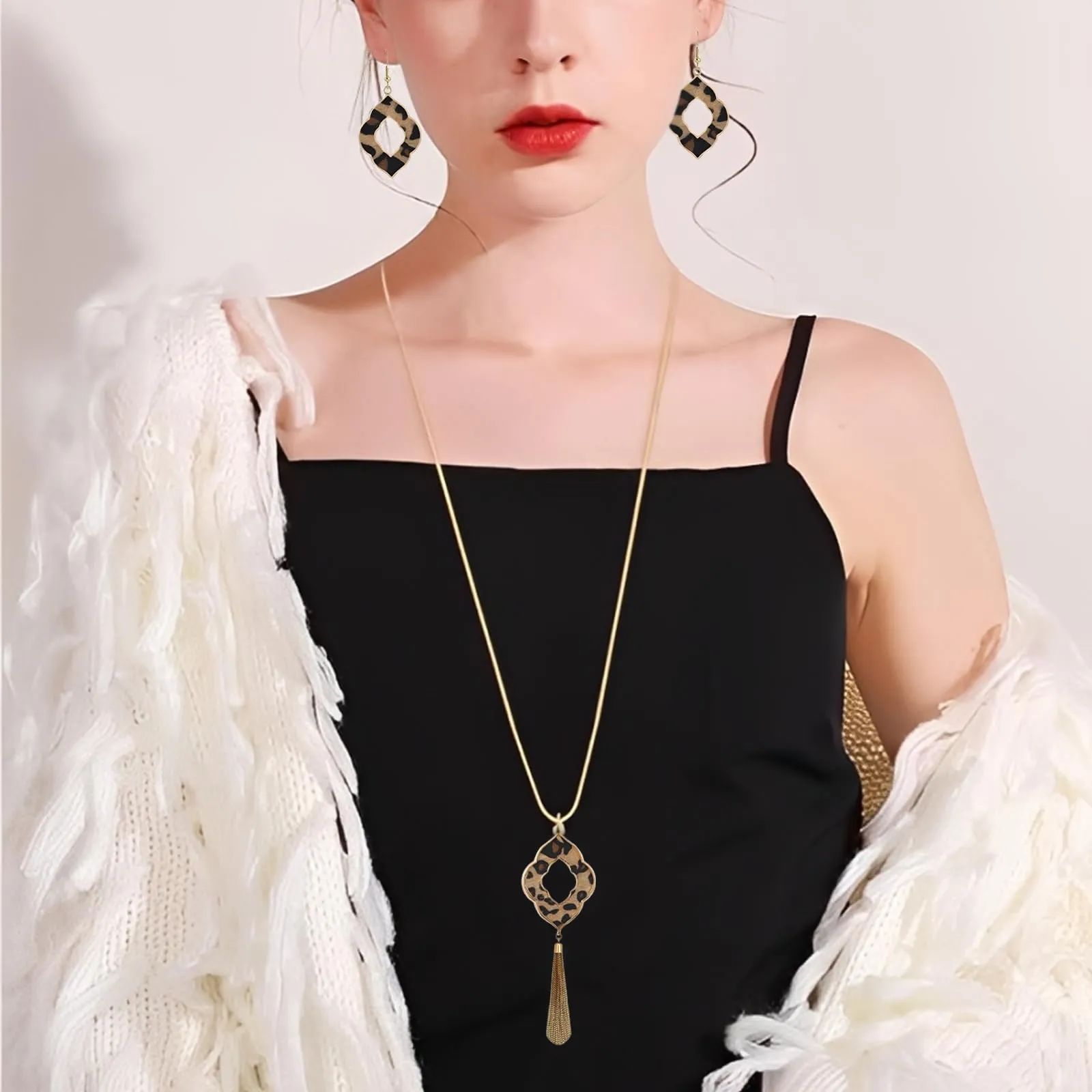 Bcenoilua Set di Gioielli Bohémien Leopardo con Collana Lunga, Braccialetto in Pelle Multistrato e Orecchini Pendenti, Oro-A - immagine 4