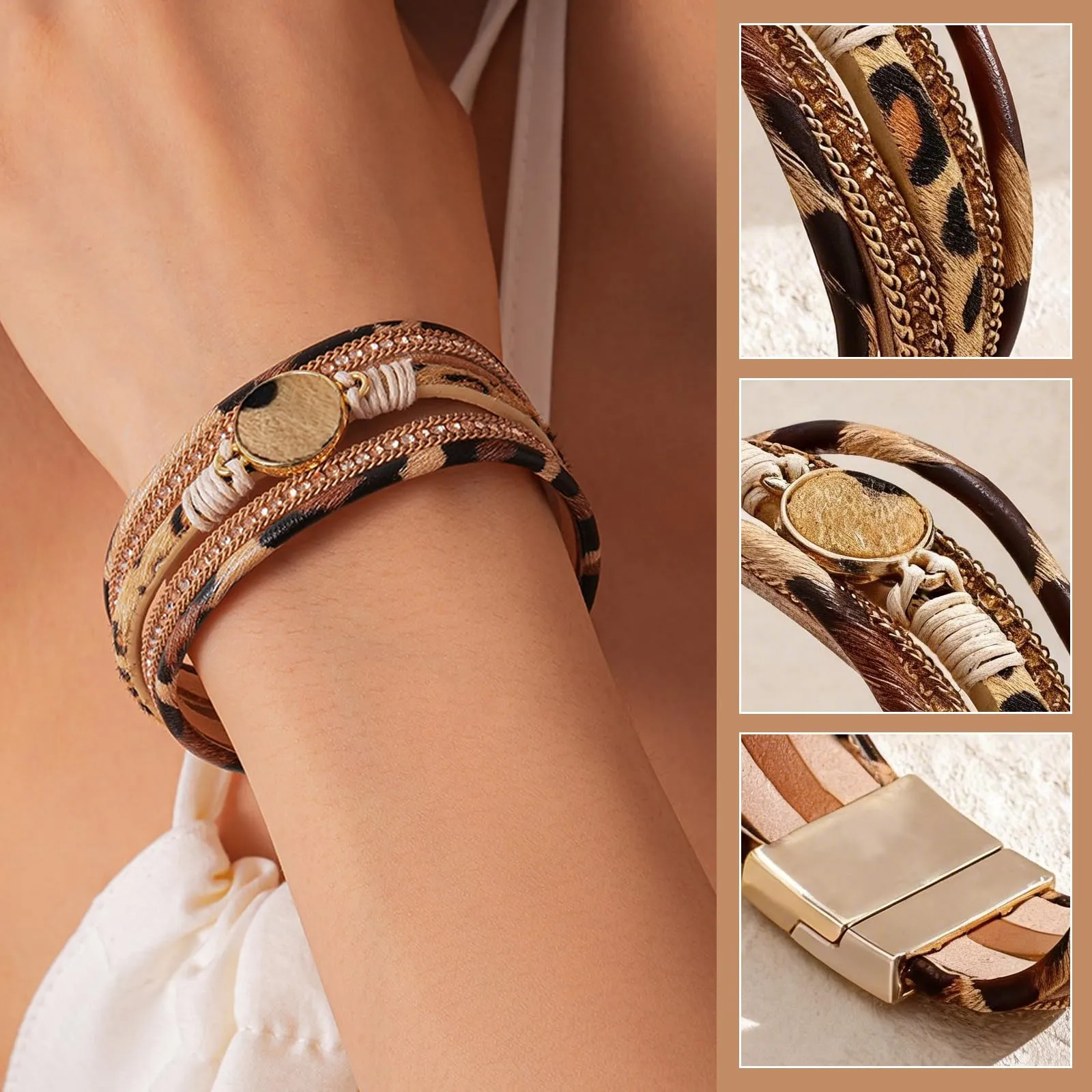 Bcenoilua Set di Gioielli Bohémien Leopardo con Collana Lunga, Braccialetto in Pelle Multistrato e Orecchini Pendenti, Oro-A - immagine 7