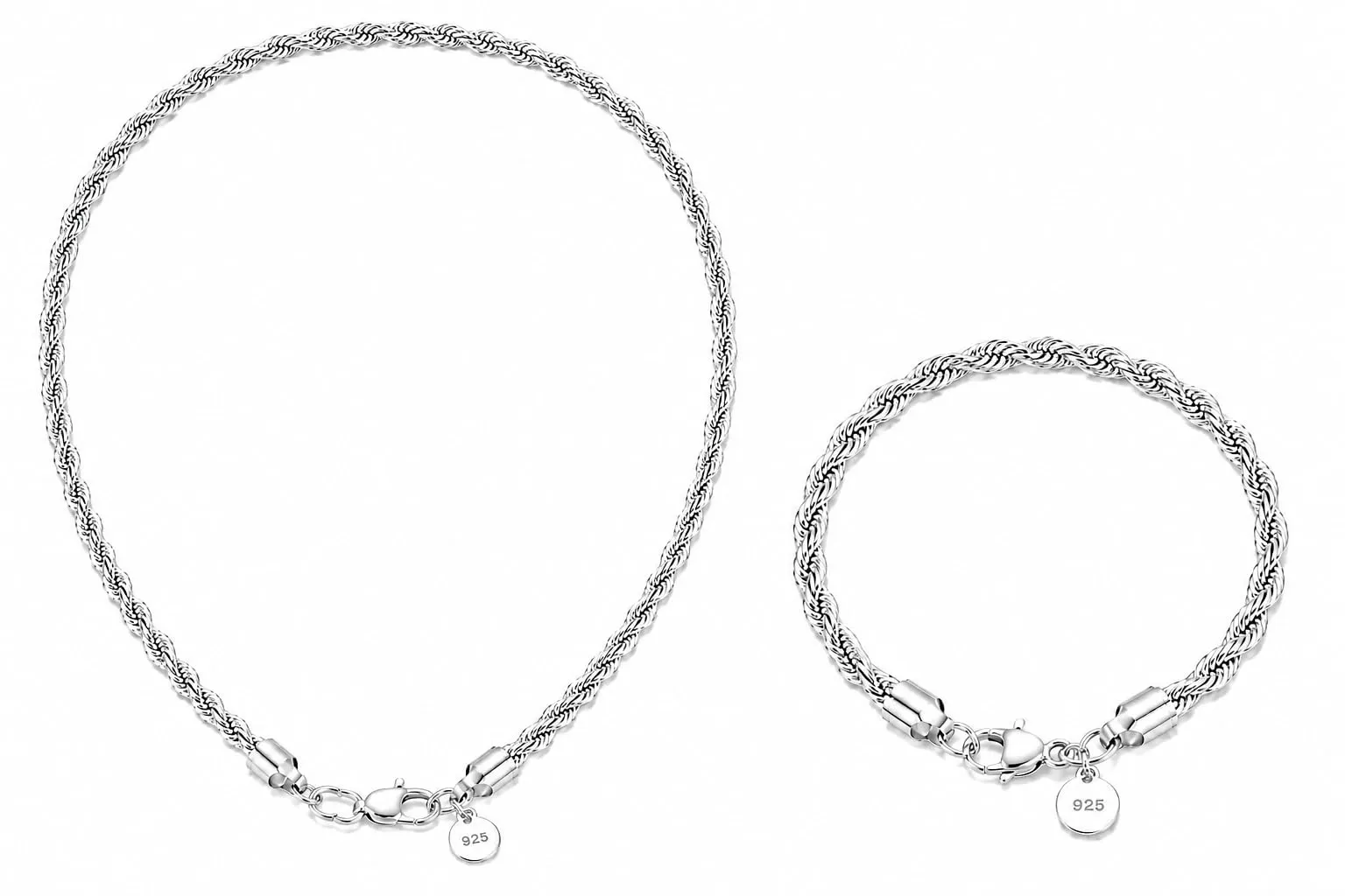 Generico Set Collana e Bracciale in Argento S925 Unisex, Maglia Intrecciata Rope, 50 cm + 20 cm - immagine 1