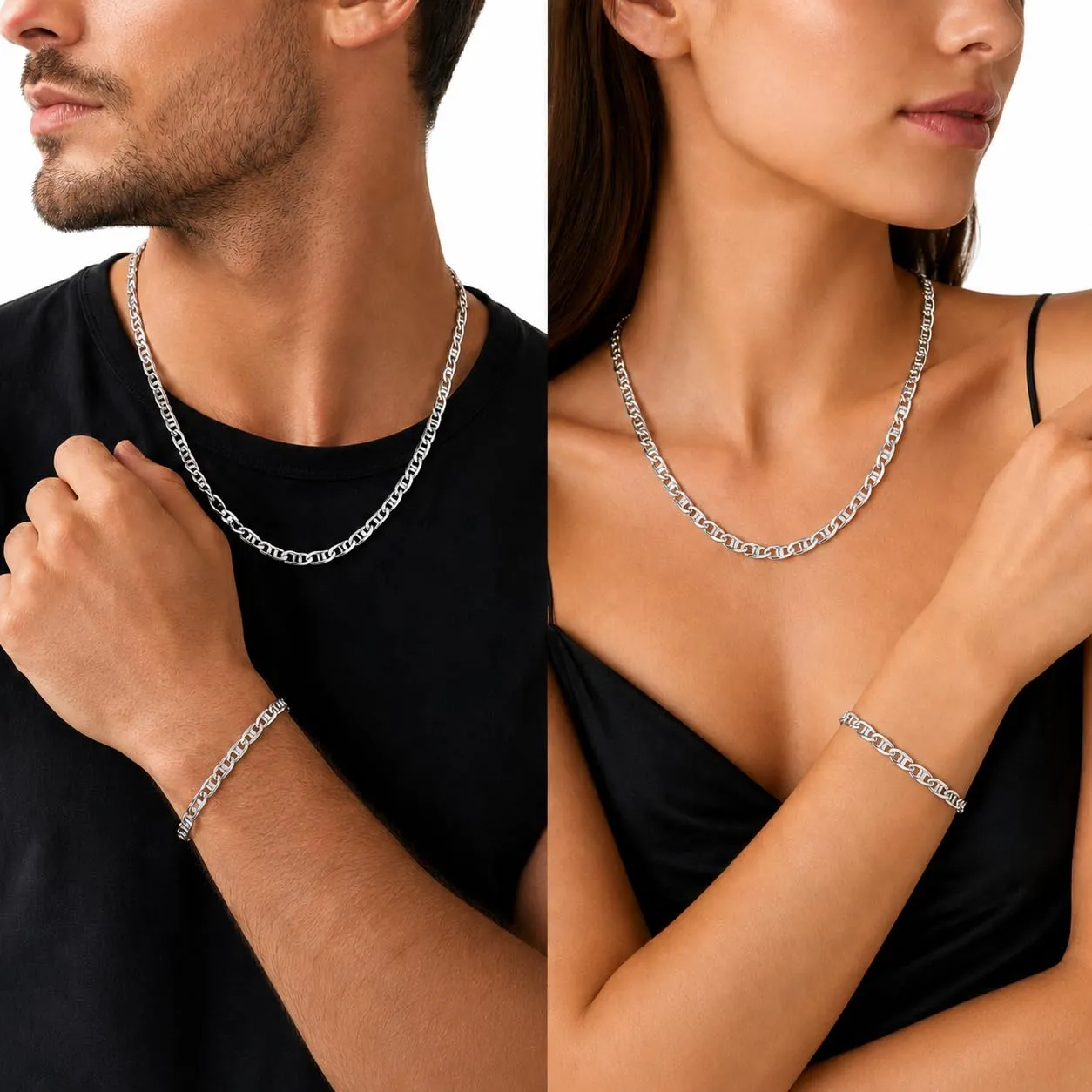 Generico Set Collana 50 cm e Bracciale 20 cm in Argento S925 Unisex - Maglia Marina - immagine 2