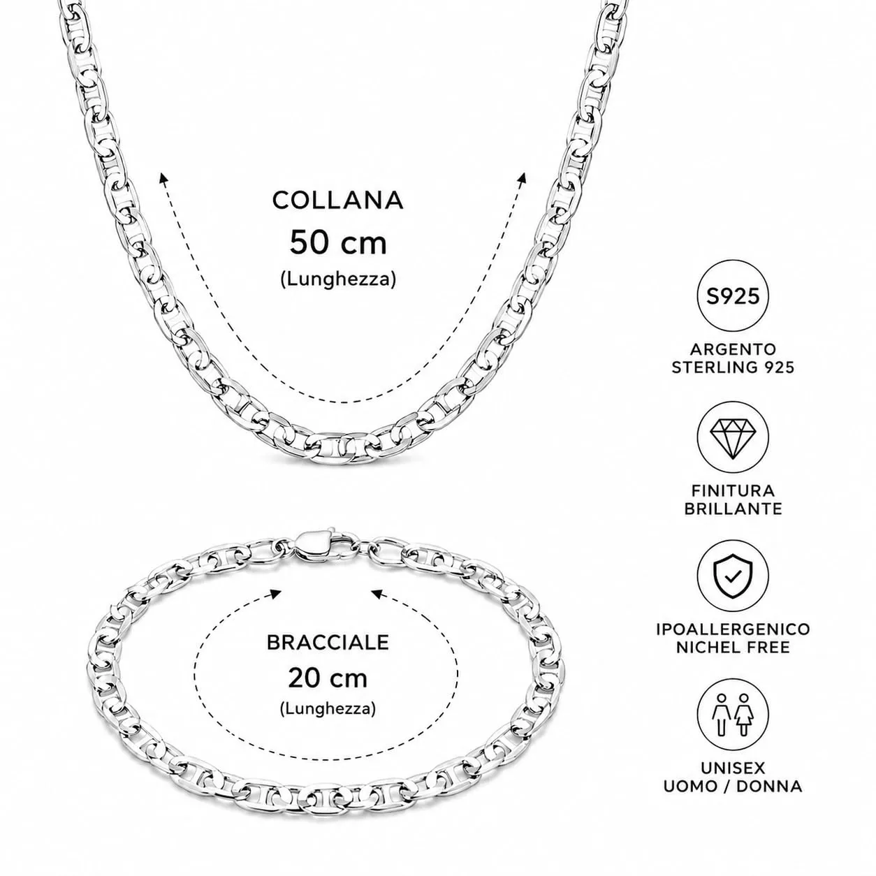 Generico Set Collana 50 cm e Bracciale 20 cm in Argento S925 Unisex - Maglia Marina - immagine 3