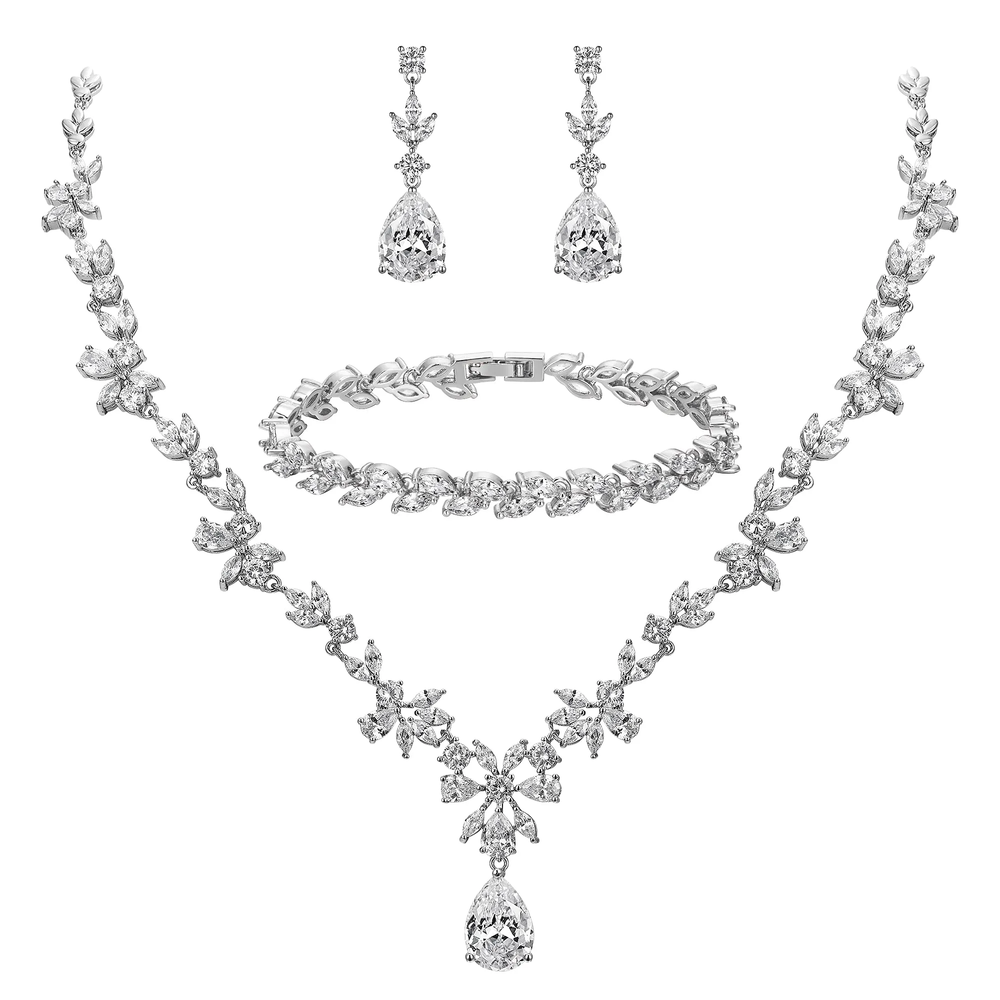 Clearine Set di Gioielli per Sposa in Zirconia Cubica e Argento-Fondo con Collana, Orecchini Pendenti e Bracciale Tennis - immagine 1
