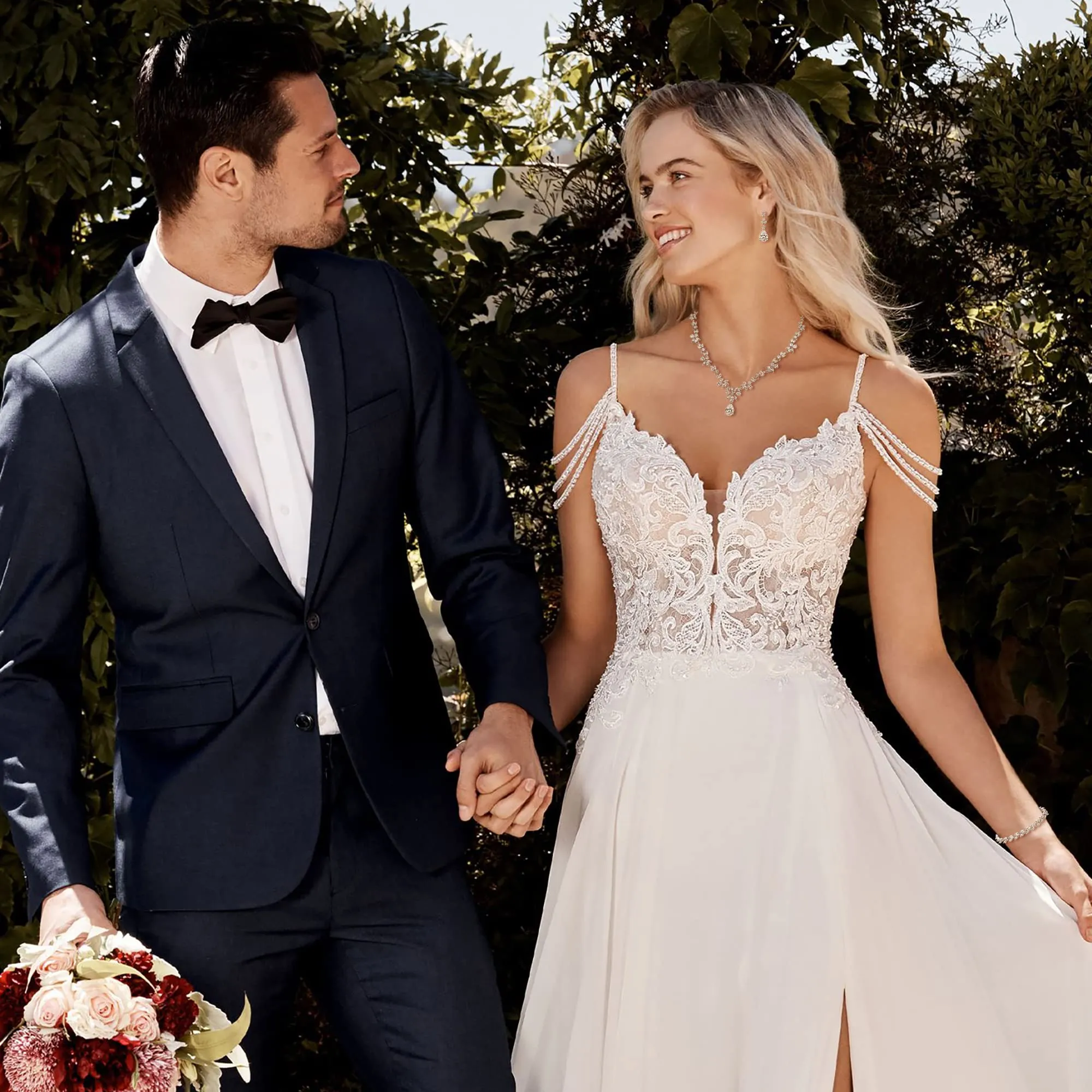 Clearine Set di Gioielli per Sposa in Zirconia Cubica e Argento-Fondo con Collana, Orecchini Pendenti e Bracciale Tennis - immagine 2
