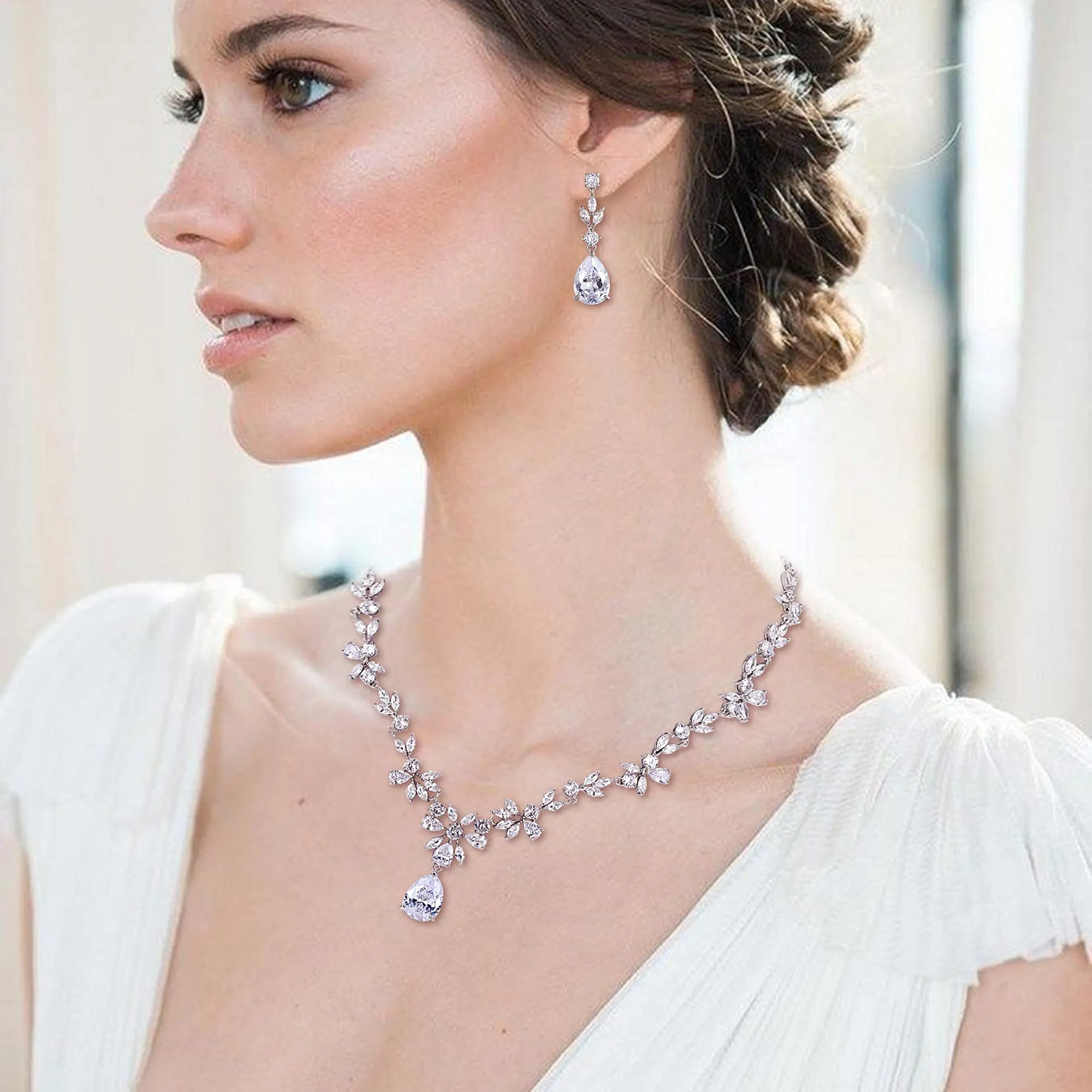 Clearine Set di Gioielli per Sposa in Zirconia Cubica e Argento-Fondo con Collana, Orecchini Pendenti e Bracciale Tennis - immagine 3