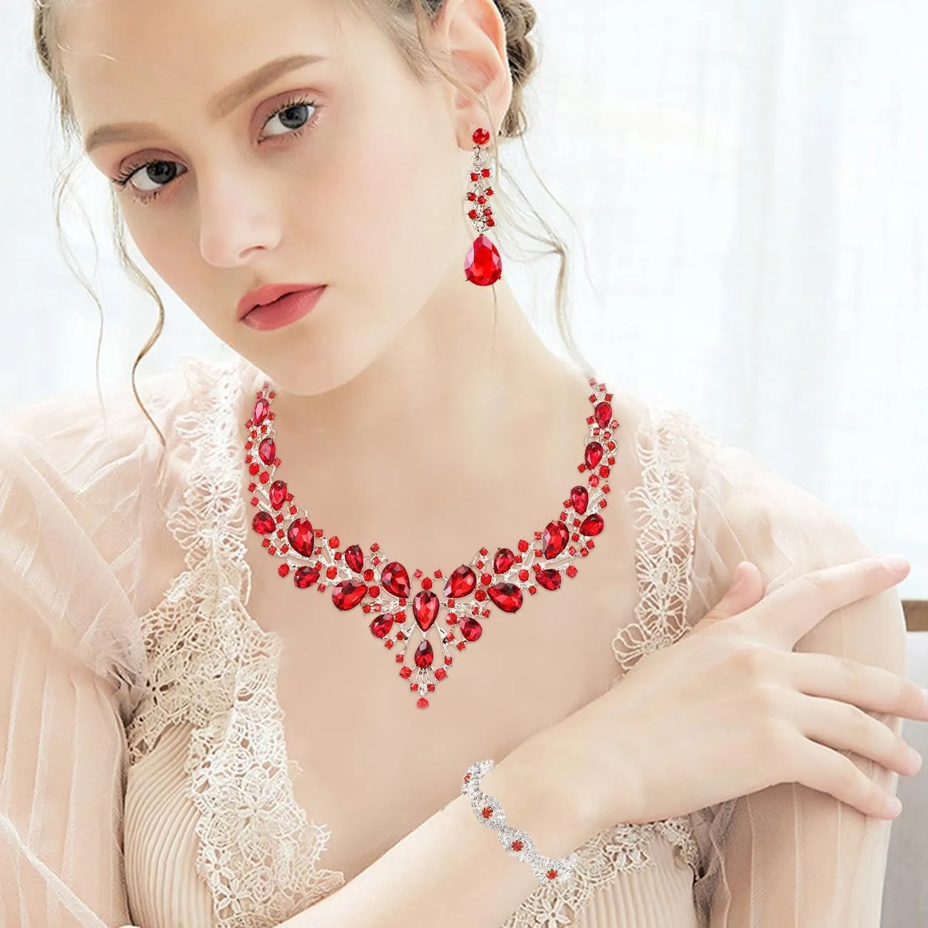 TOEECY Set Gioielli Donna Cristallo Champagne con Collana, Bracciale e Orecchini - immagine 7