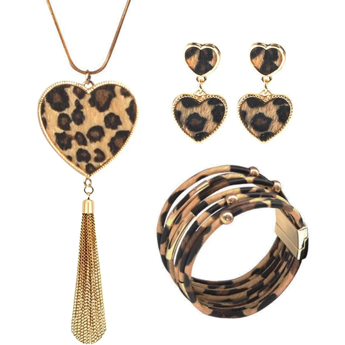 Bcenoilua Set di Gioielli Bohémien Leopardato con Collana Lunga, Braccialetto in Pelle Multistrato e Orecchini Pendenti, Oro-D - immagine 1
